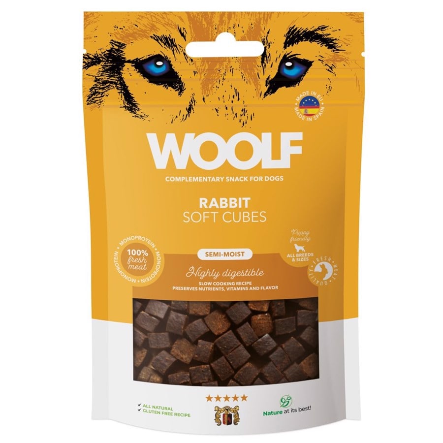 Woolf Soft Cubes Rabbit 100g<br>Naturlig og proteinrik! Zip-lås pose