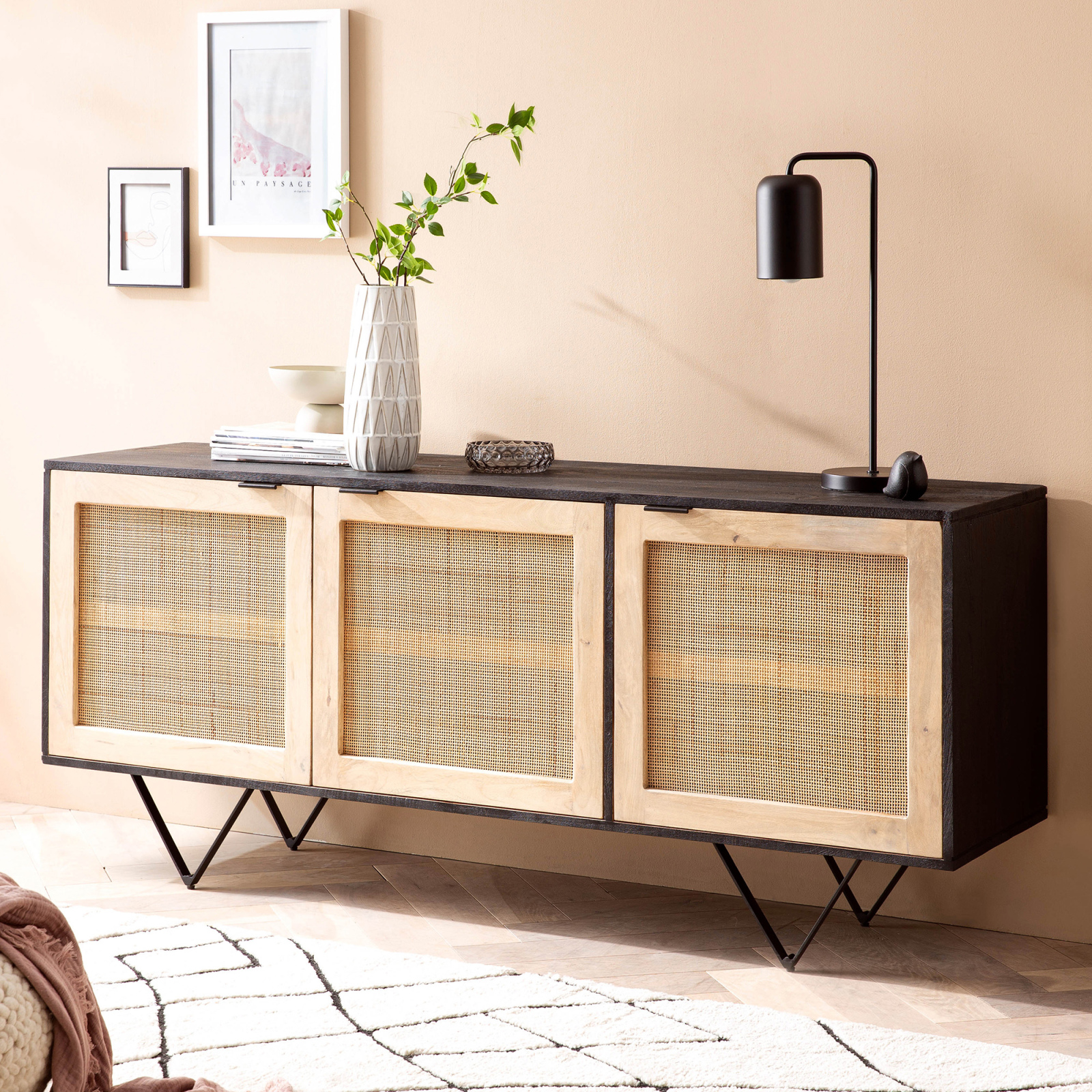 Sideboard - braun-schwarz - Massivholz - 3 Türen - 175 cm