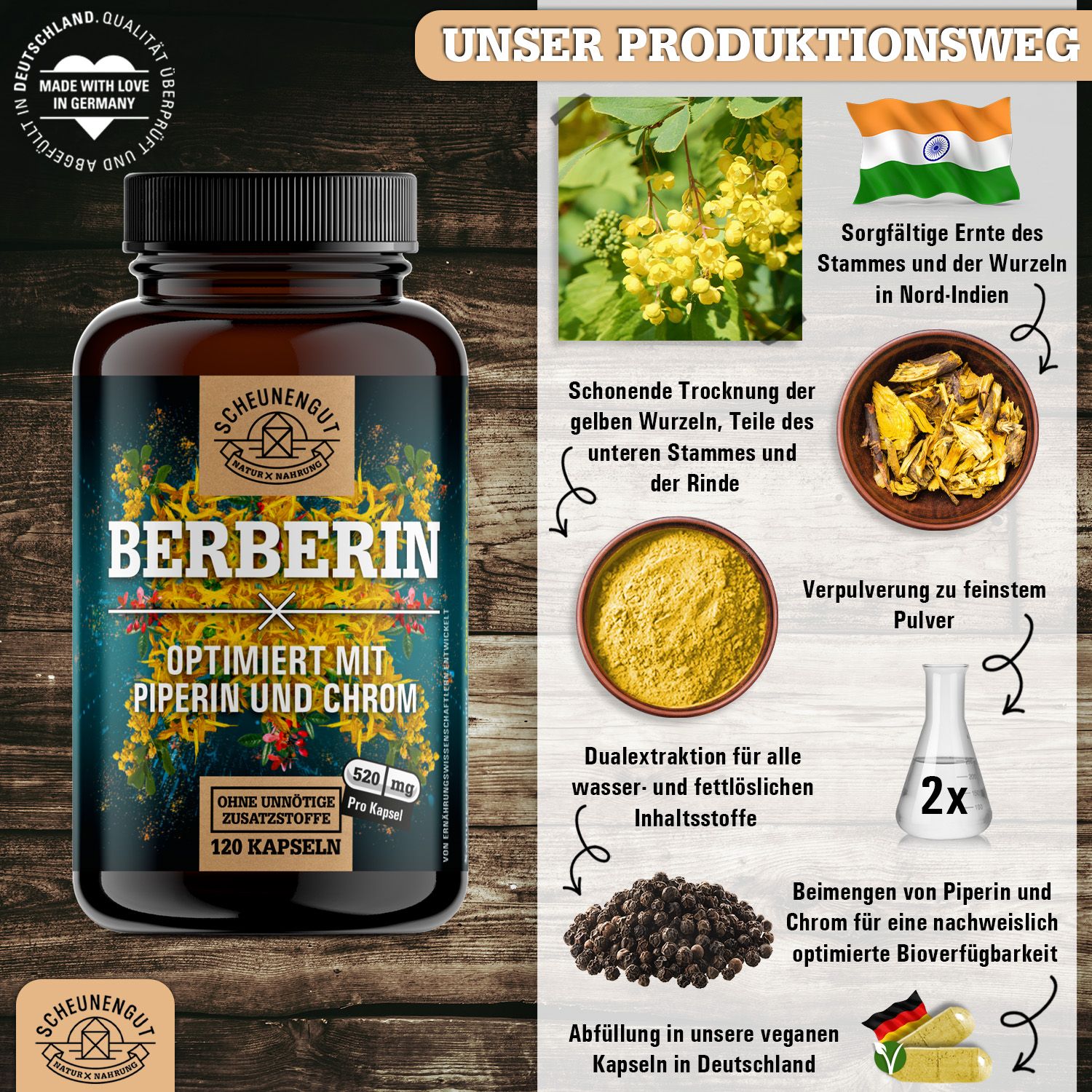Scheunengut® Berberin | Berberis aristata Extrakt 20:1 optimiert mit Piperin & Chrom