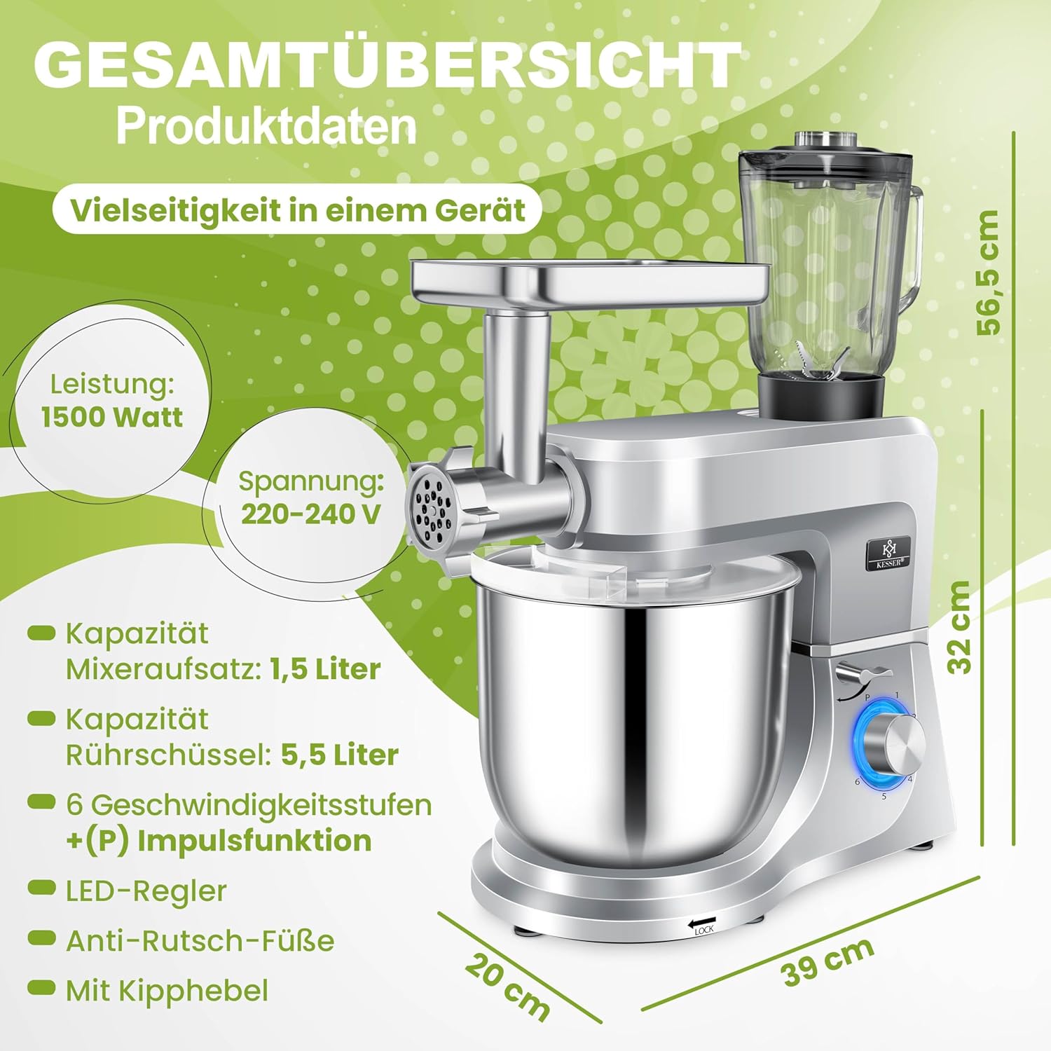 KESSER® 3 in 1 Universal Küchenmaschine K-KM 3000 mit Fleischwolf Knetmaschine Multifunktionale Rührmaschine 5,5L Schüssel mit 3 Rührwerkzeuge, 1,5L Entsafter, Zubehör-Set, Pasta & Gebäckformen