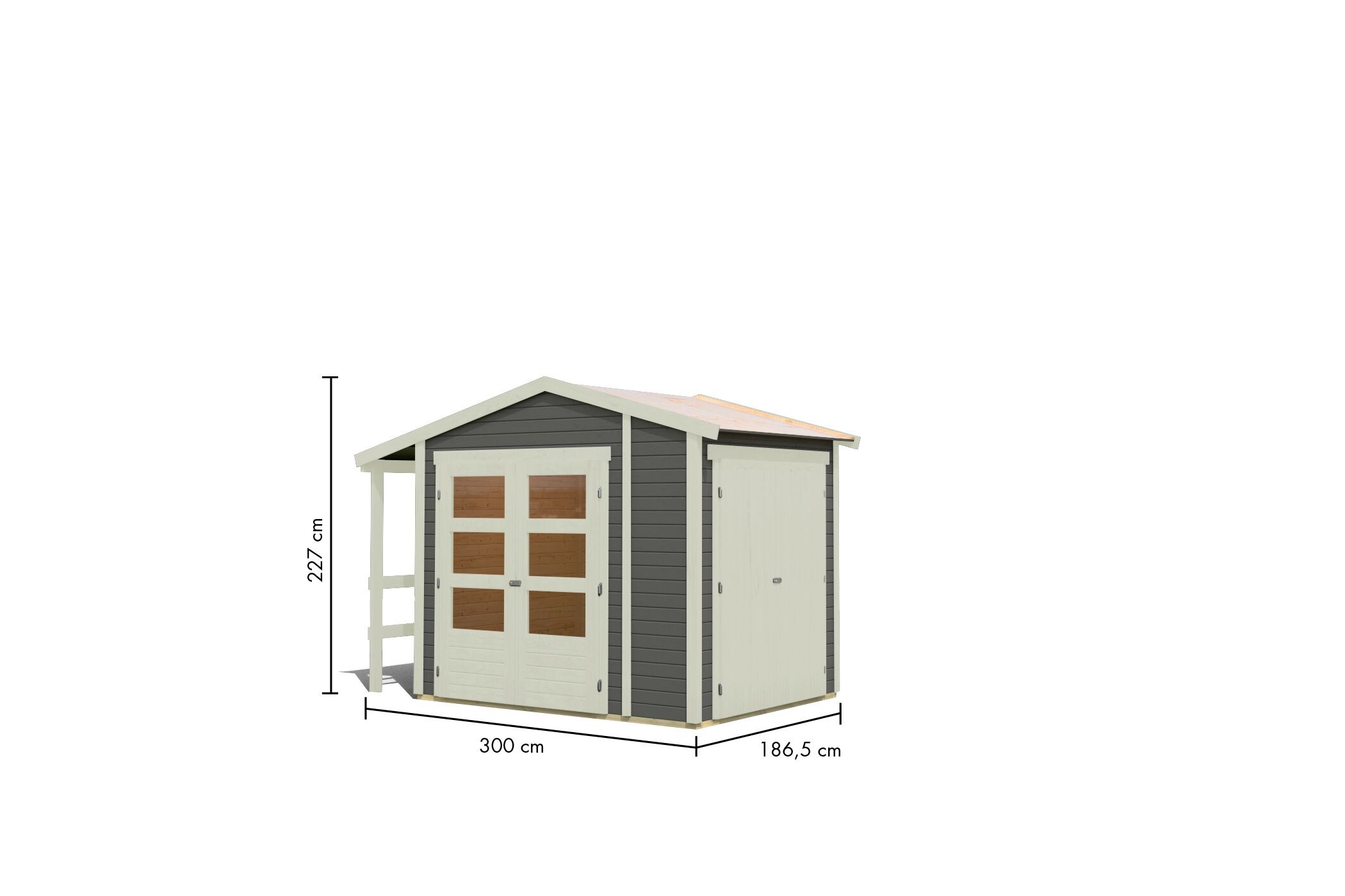 Karibu Gartenhaus 19mm Multi Satteldach mit Schrank und Anbaudach terragrau inkl. Fußboden & Dacheindeckung