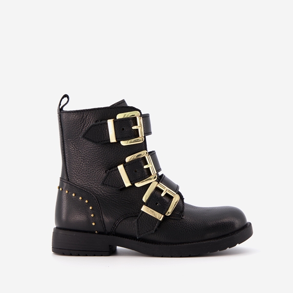 Groot leren meisjes biker boots zwart