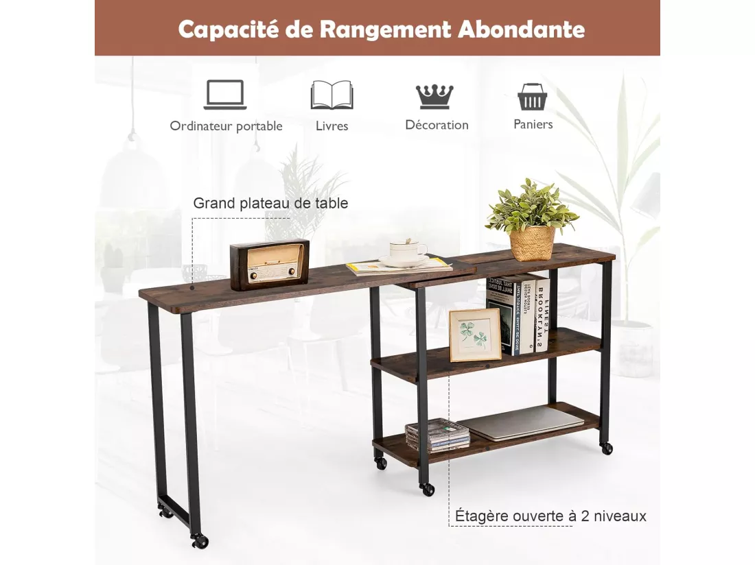 Table d’Appoint, Bureau d’Angle Mobile avec 3 Étagères, avec 6 Roues, Bout de Canapé Convertible pour Salon, Chambre, Montage Facile, Bureau avec Rangement, Marron Rustqiue,101 x 30 x 72,5 cm