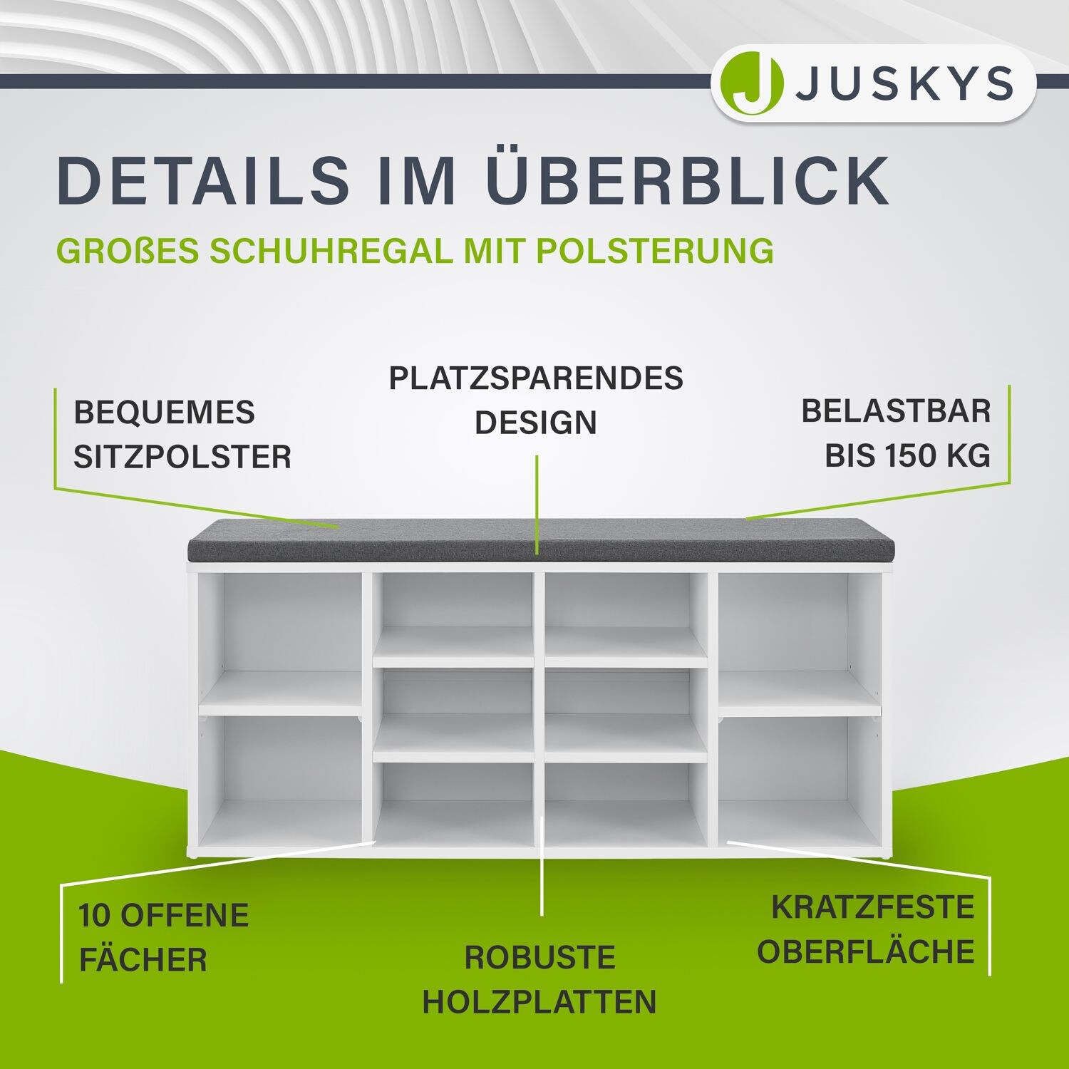 Juskys Schuhregal Holz mit Polsterung & 10 Fächern höhenverstellbar 104x30x48 cm bis 150 kg Weiß
