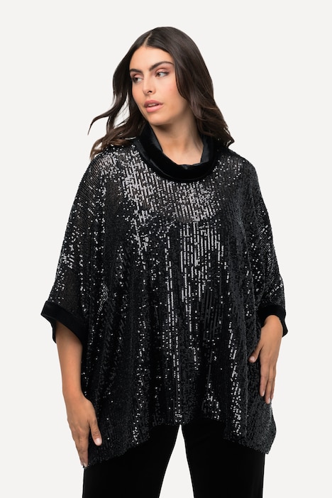 Pailletten-Shirt, Oversized, Samt-Rollkragen, Halbarm