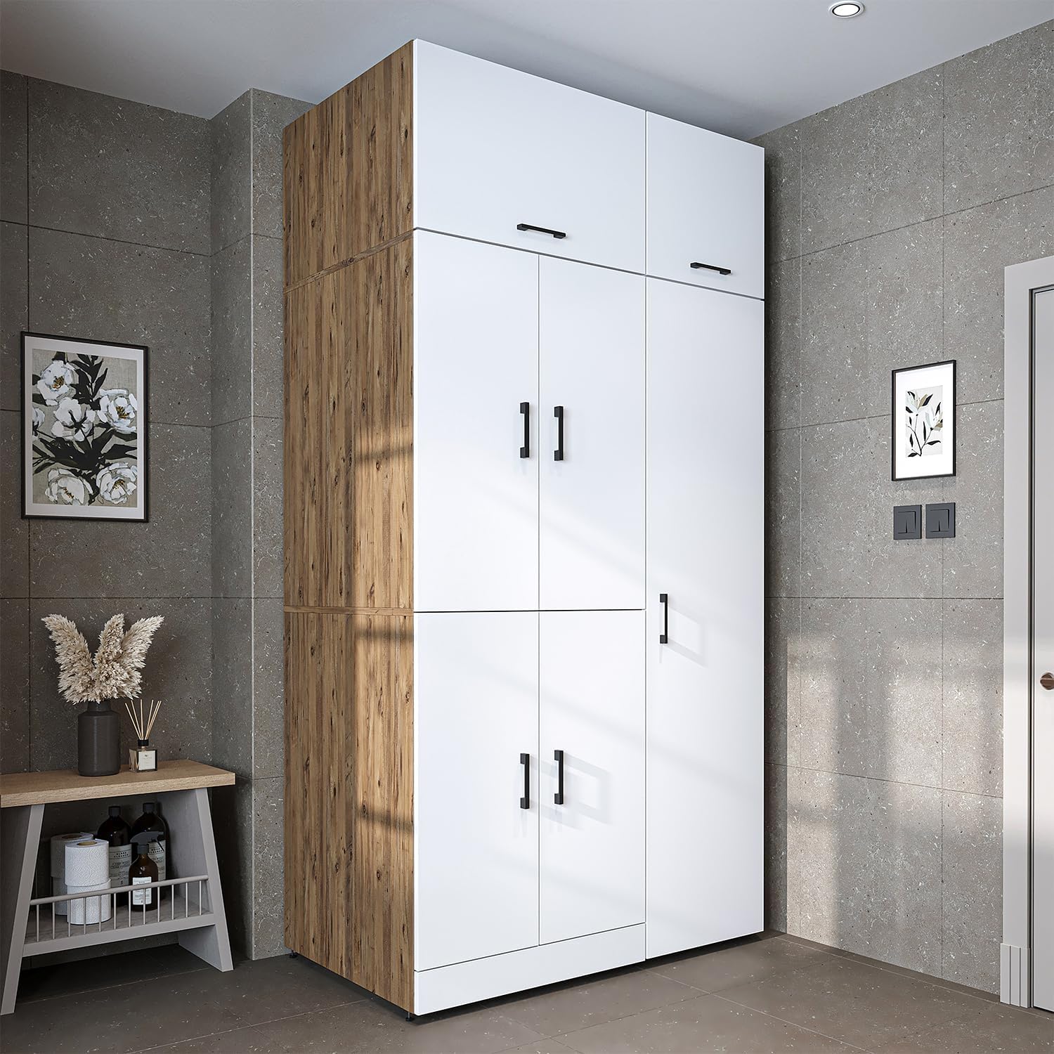 ROOMART Dora - Armoire de machine à laver - Pour sèche-linge et machine à laver - En 4 couleurs - Avec portes et panneau coulissant - Blanc - Chêne blanc - Chêne anthracite - Chêne blanc (chêne blanc)