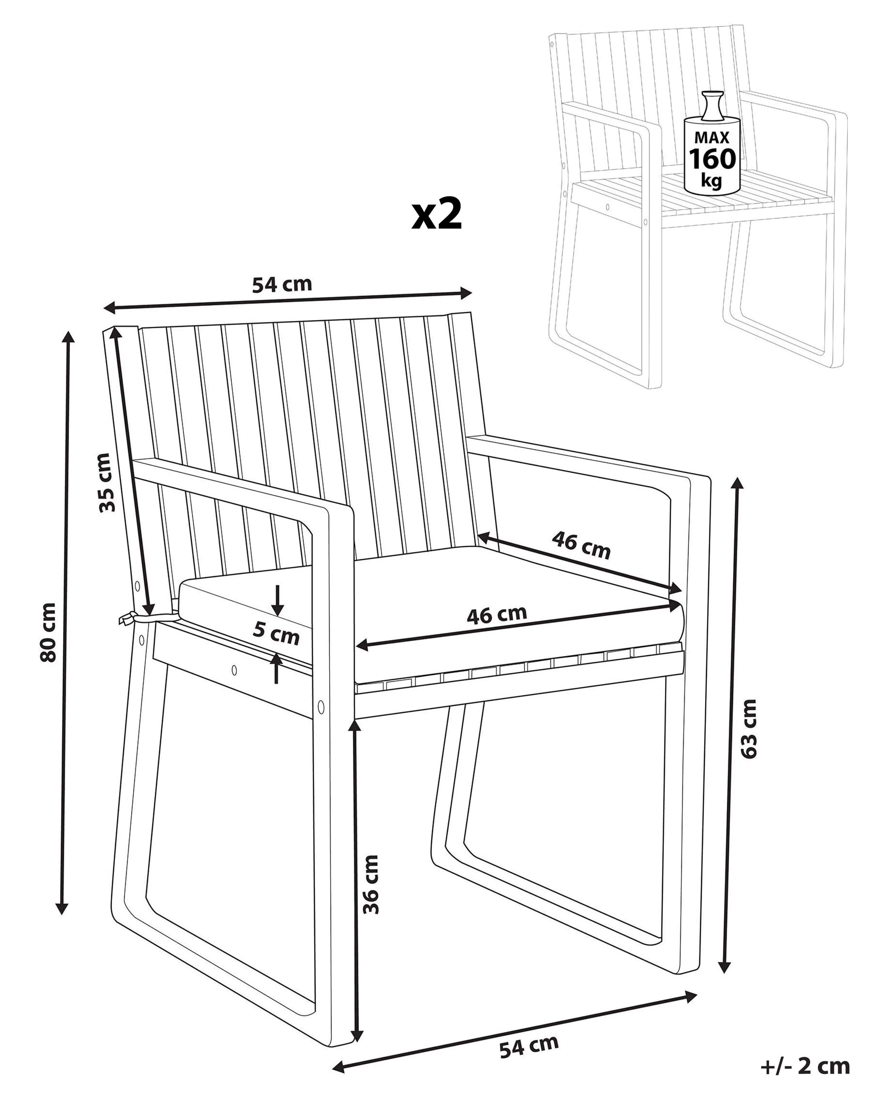 Set van 2 stoelen met zitkussen SASSARI PREMIUM Gecertificeerd acaciahout Lichtgrijs