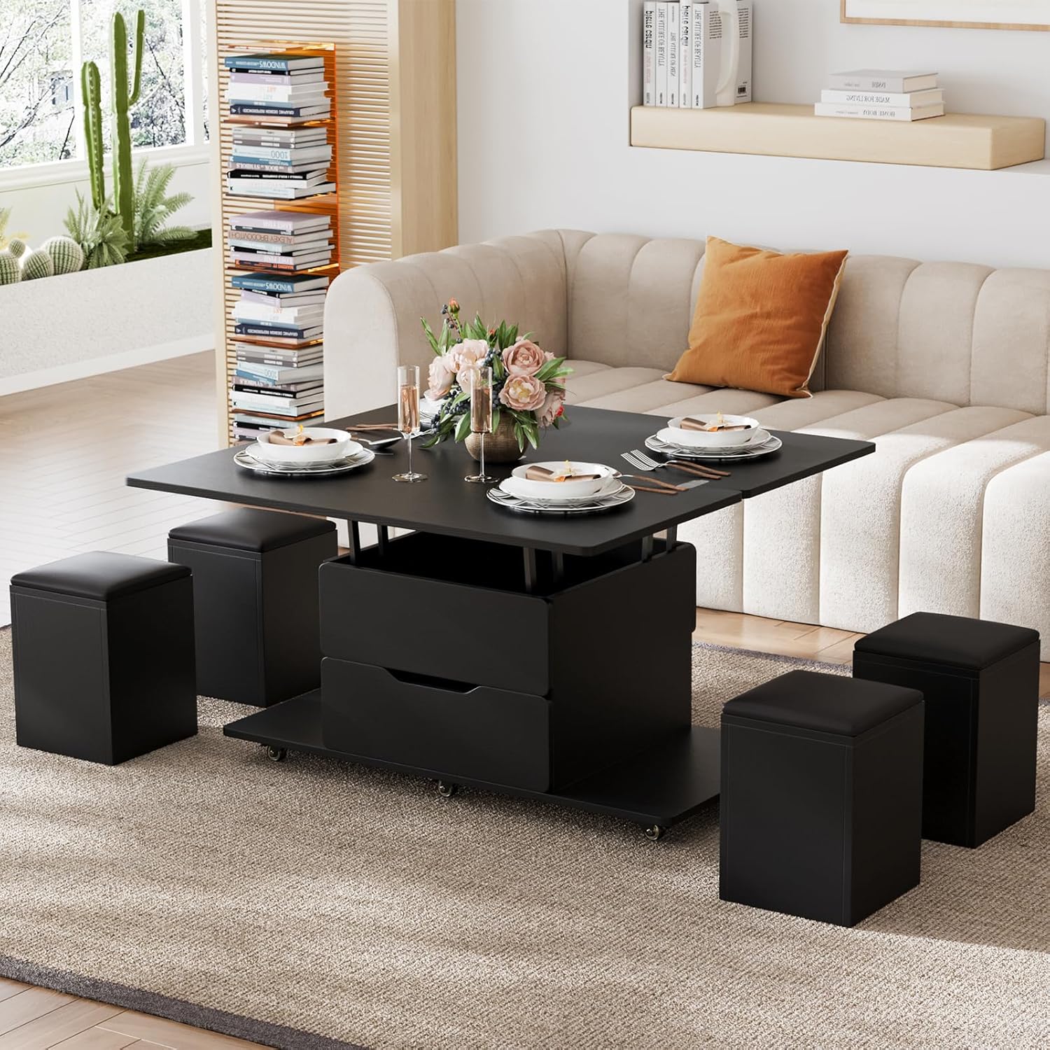 Homary Couchtisch Höhenverstellbar, Wohnzimmertisch mit Schublade, 3-in-1-Multifunktions-Couchtisch Umwandelbar in Wohnzimmer-Esstisch Arbeitstisch mit 4 Hockern und Feststellbaren Rollen (Schwarz)