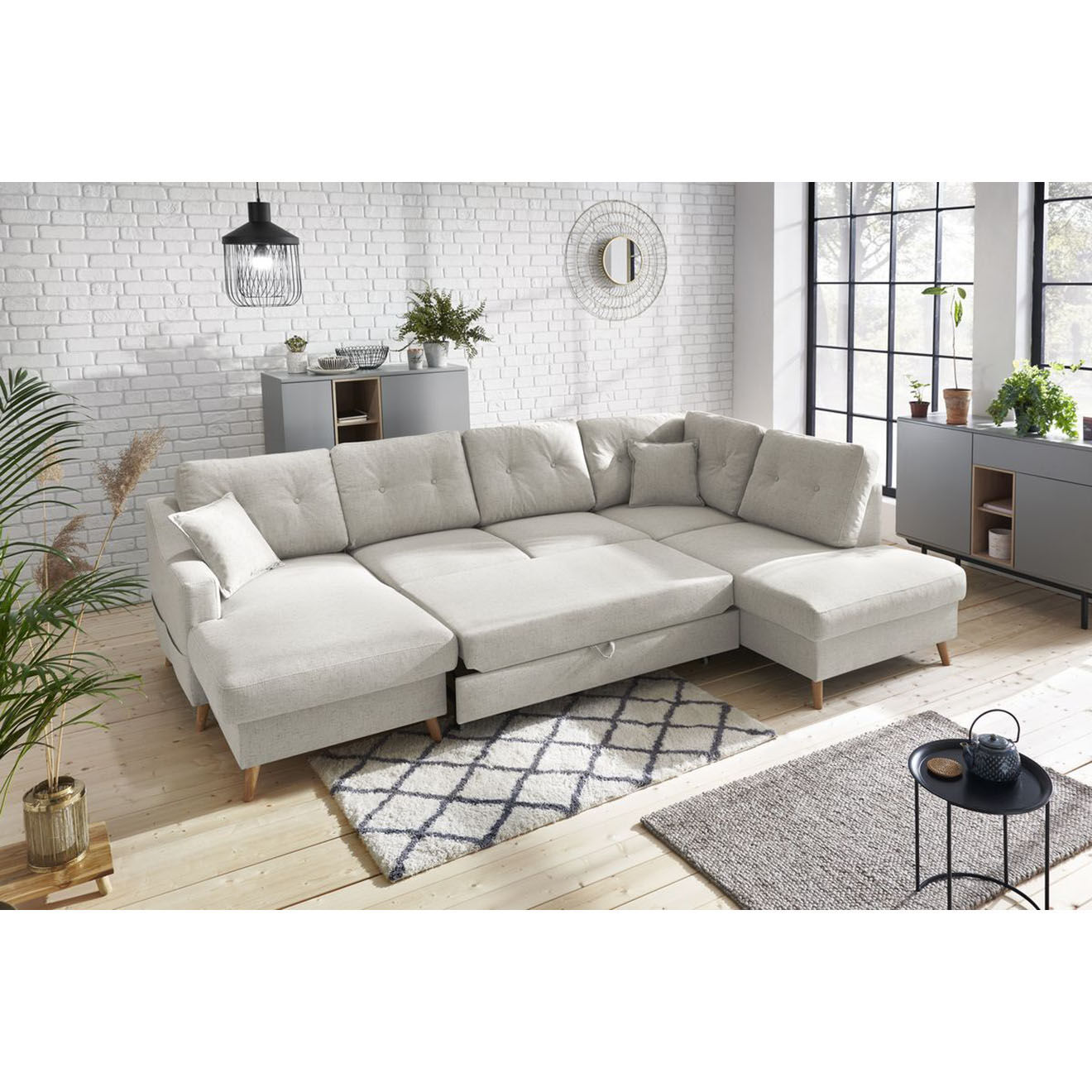 Bobochic Canapé d'angle panoramique convertible gauche Sweden lin beige - 300x149/90/198x95 cm