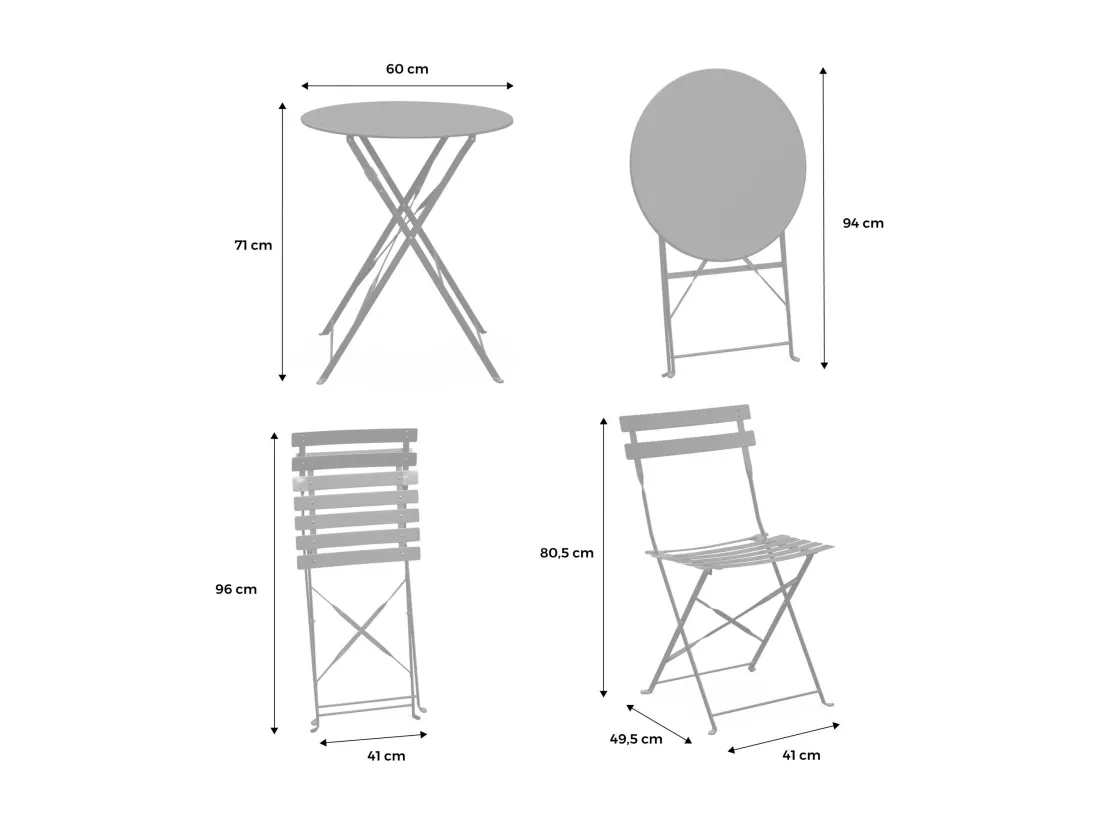 Table de jardin bistrot pliante métal + 2 assises beige Ø60 x 70cm. acier thermolaqué