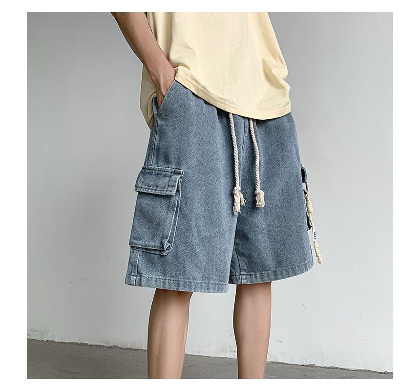 Femilina - Mid Rise Washed Denim Cargo Shorts