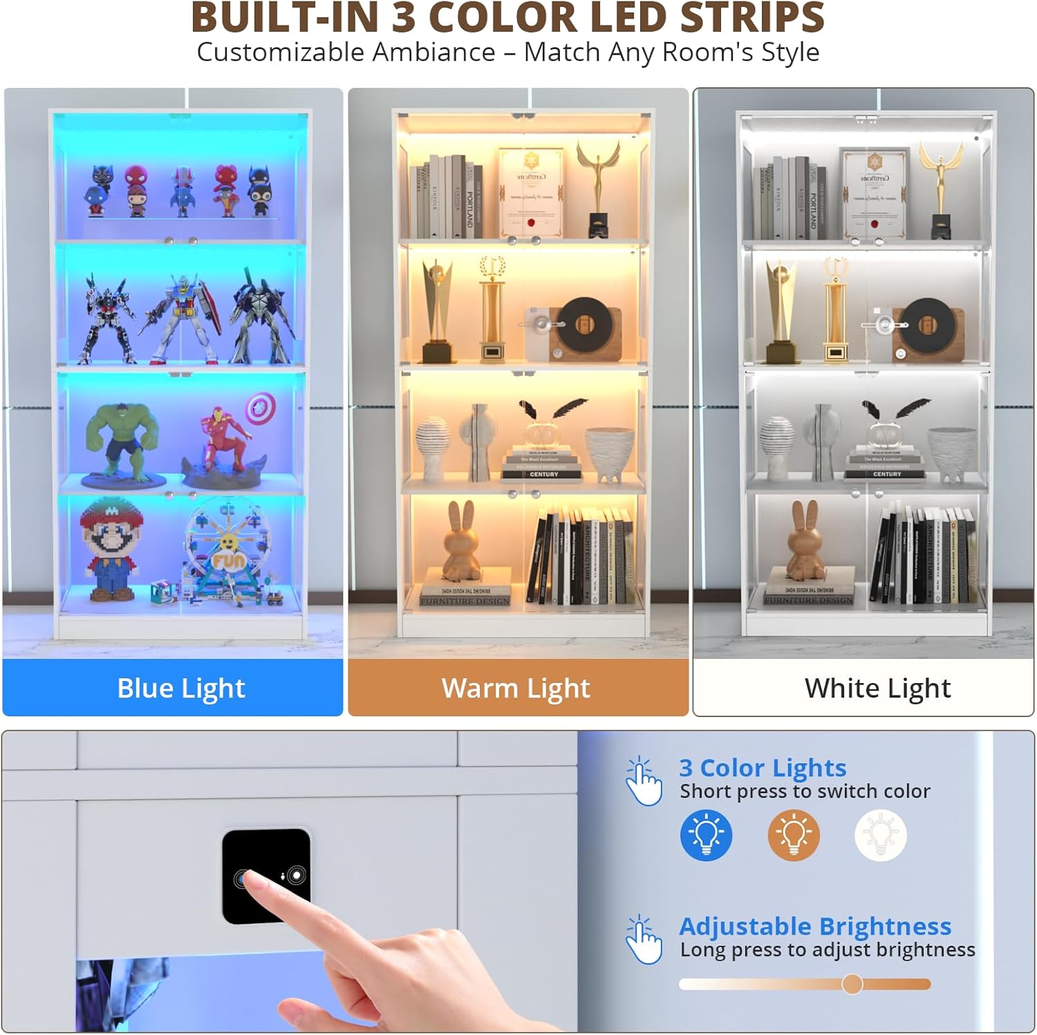 VOWNER 4-Lagen LED Vitrine mit Glastür, Vitrinenschrank mit 3-farbige Beleuchtung Bewegungssensor, Glasvitrine für Sammlerstücke, Bücherregal für Wohnzimmer, Schlafzimmer, Büro (Weiß, 4 Regalböden)