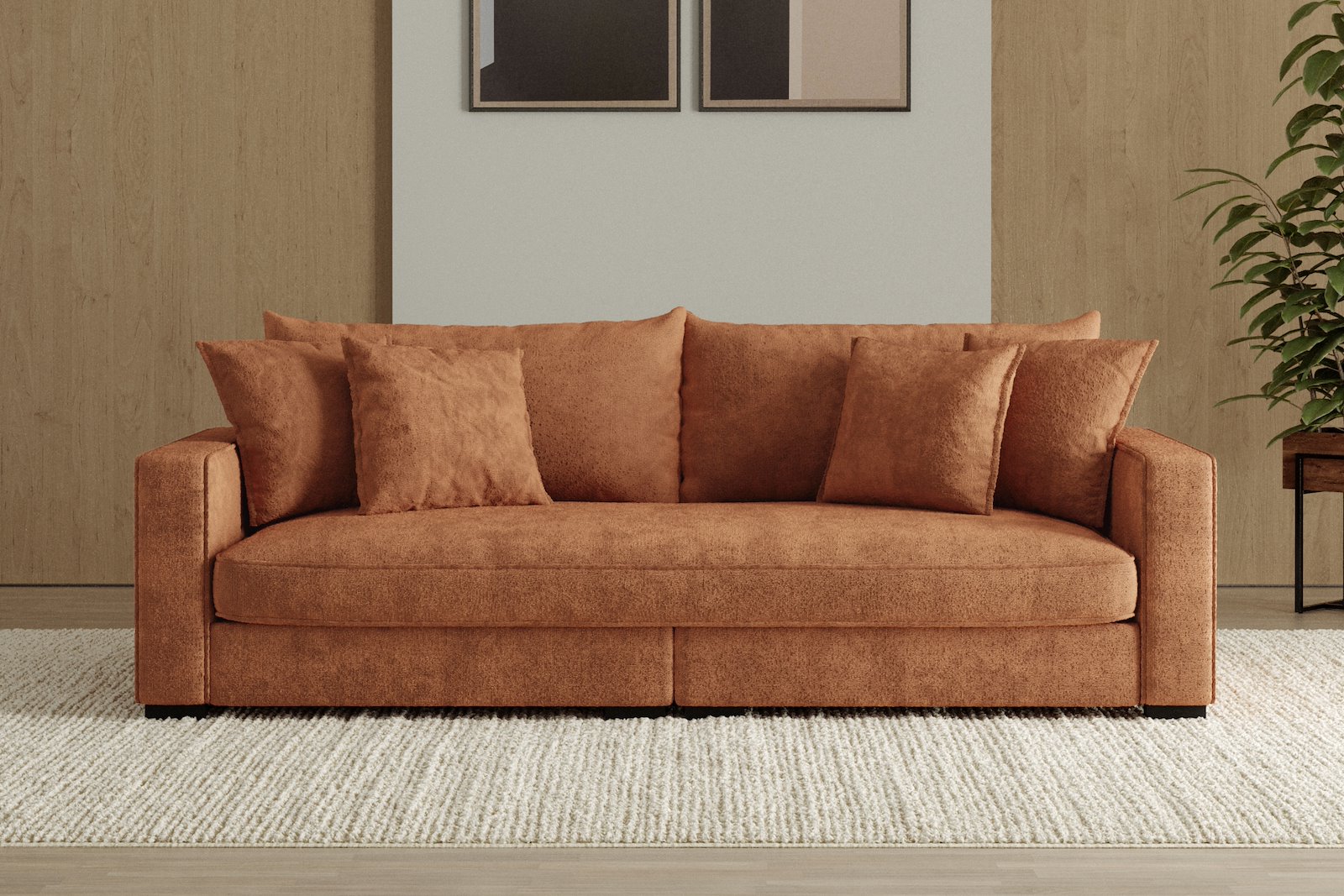 Rossi Lux 3-seter sofa (1 setepute) Tekstil Genesis 9 Deep Terra, arm B med sorte ben. Lux Komfort.