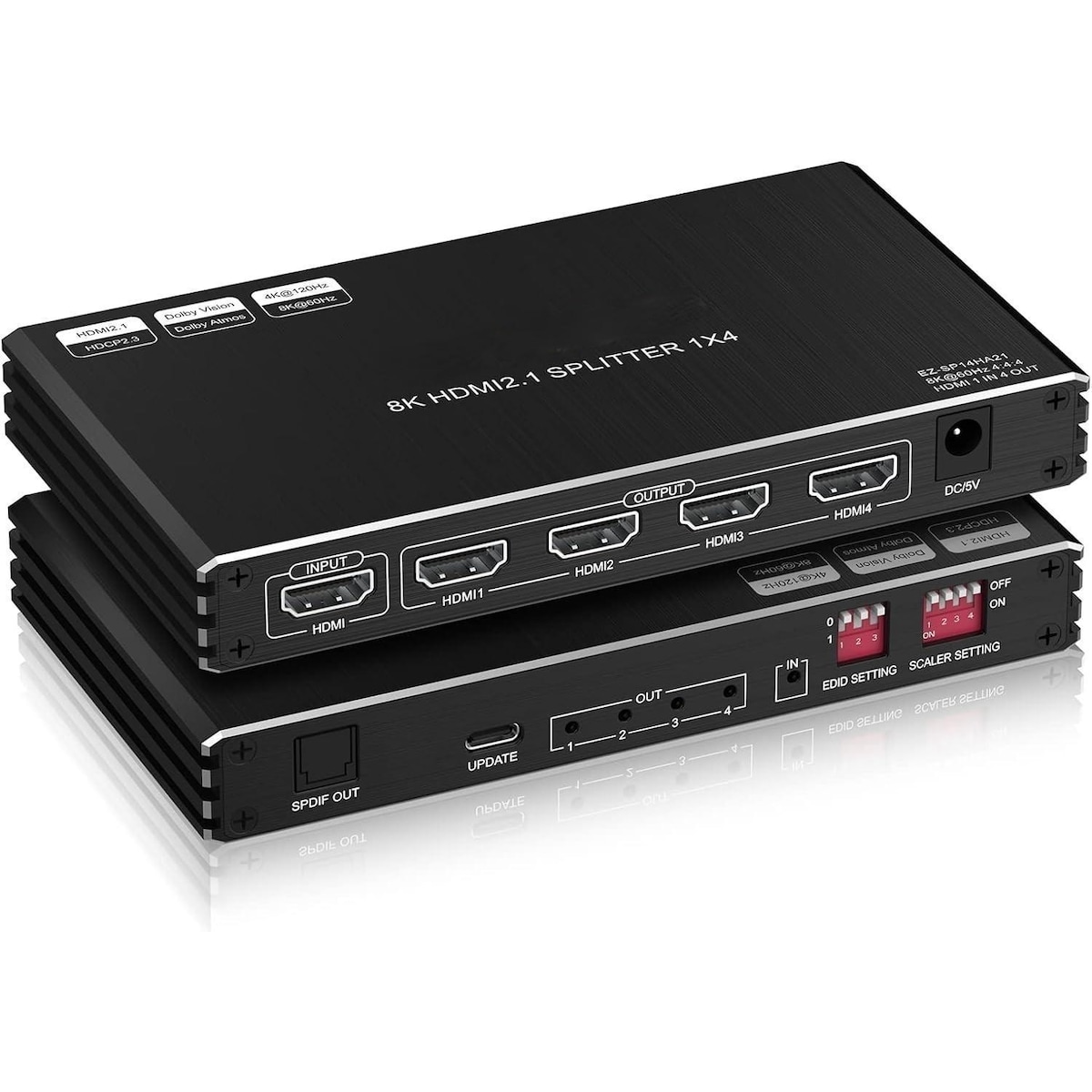 NÖRDIC 1 til 4 HDMI 2.1 Splitter 8K 60Hz 4K120Hz VRR Free-/G-Sync CEC, S/PDIF Extractor
