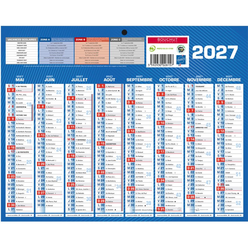 Calendrier semestriel mural année 2026/2027 - 16 mois - 21 x 26,5 cm