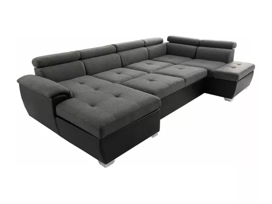 Canapé d'Angle Panoramique 6 Places Paola Convertible en Simili et Tissu Avec Coffres - Gris/Noir - L322 x P196 x H76cm - Loungitude
