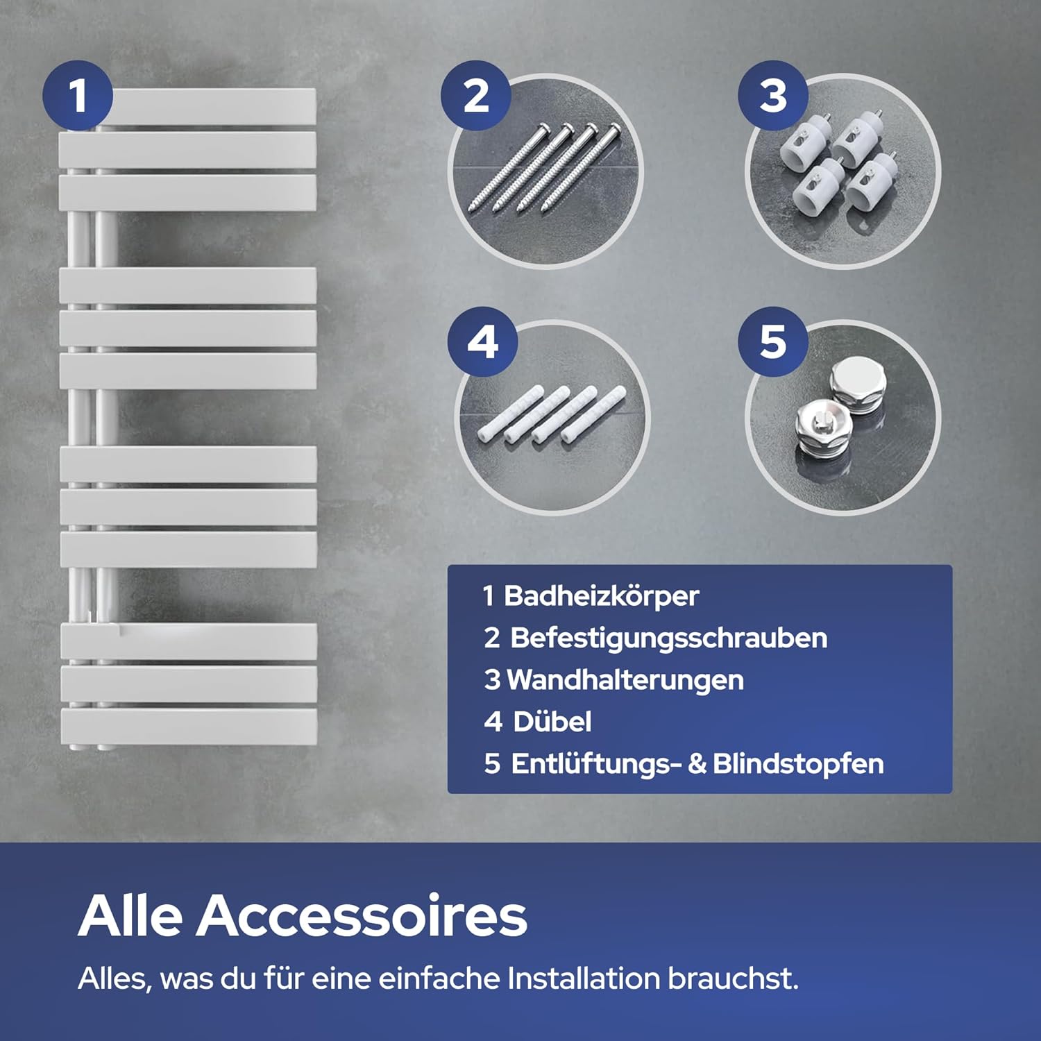 VILSTEIN® Badheizkörper [120x45cm] - Handtuchheizkörper Elektrisch einsetzbar [SEITLICH OFFEN] - Handtuchtrockner Badezimmer - Handtuch Heizkörper Bad - Handtuchheizung - Wandheizkörper - (Weiß)