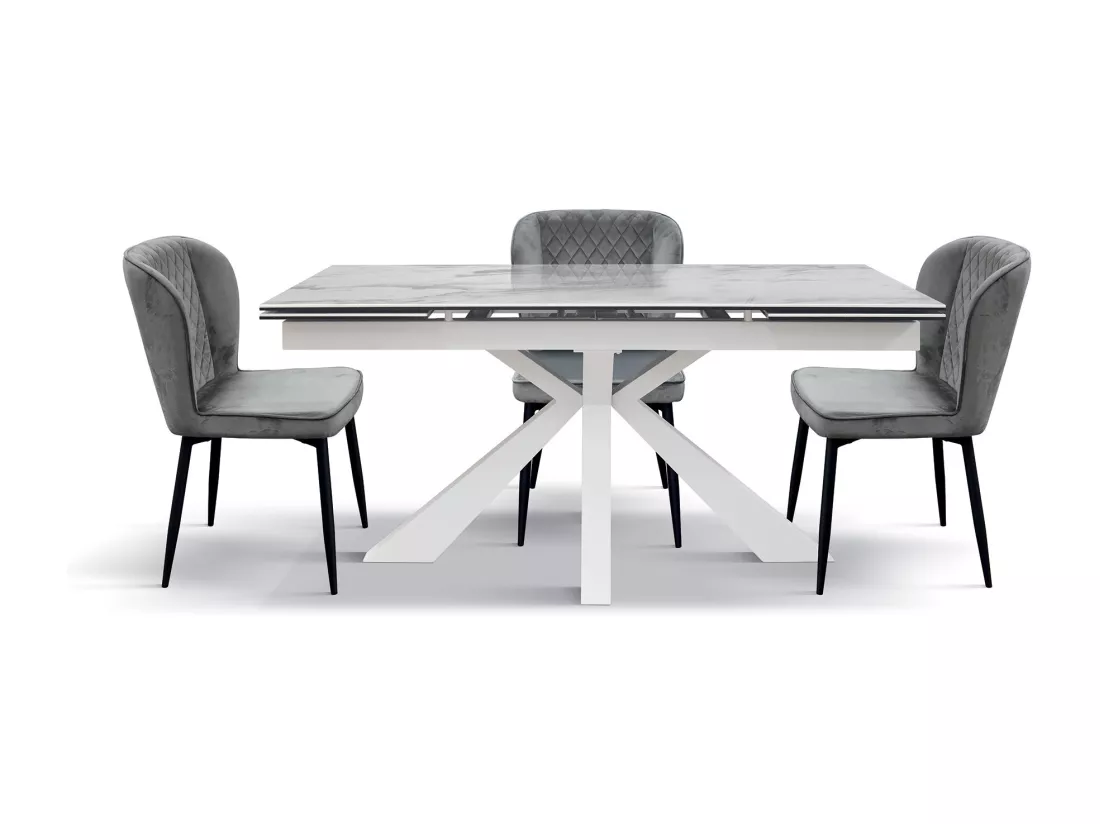 Table en vitrocéramique effet marbre, métal blanc, extensible 160x90 - BEVERLY HILLS