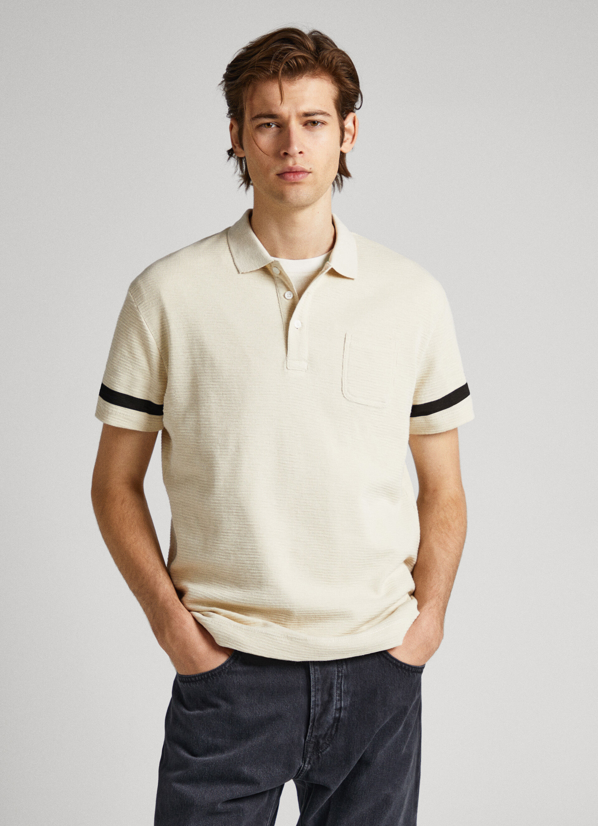Camisa polo de malha waffle - branco marfim
