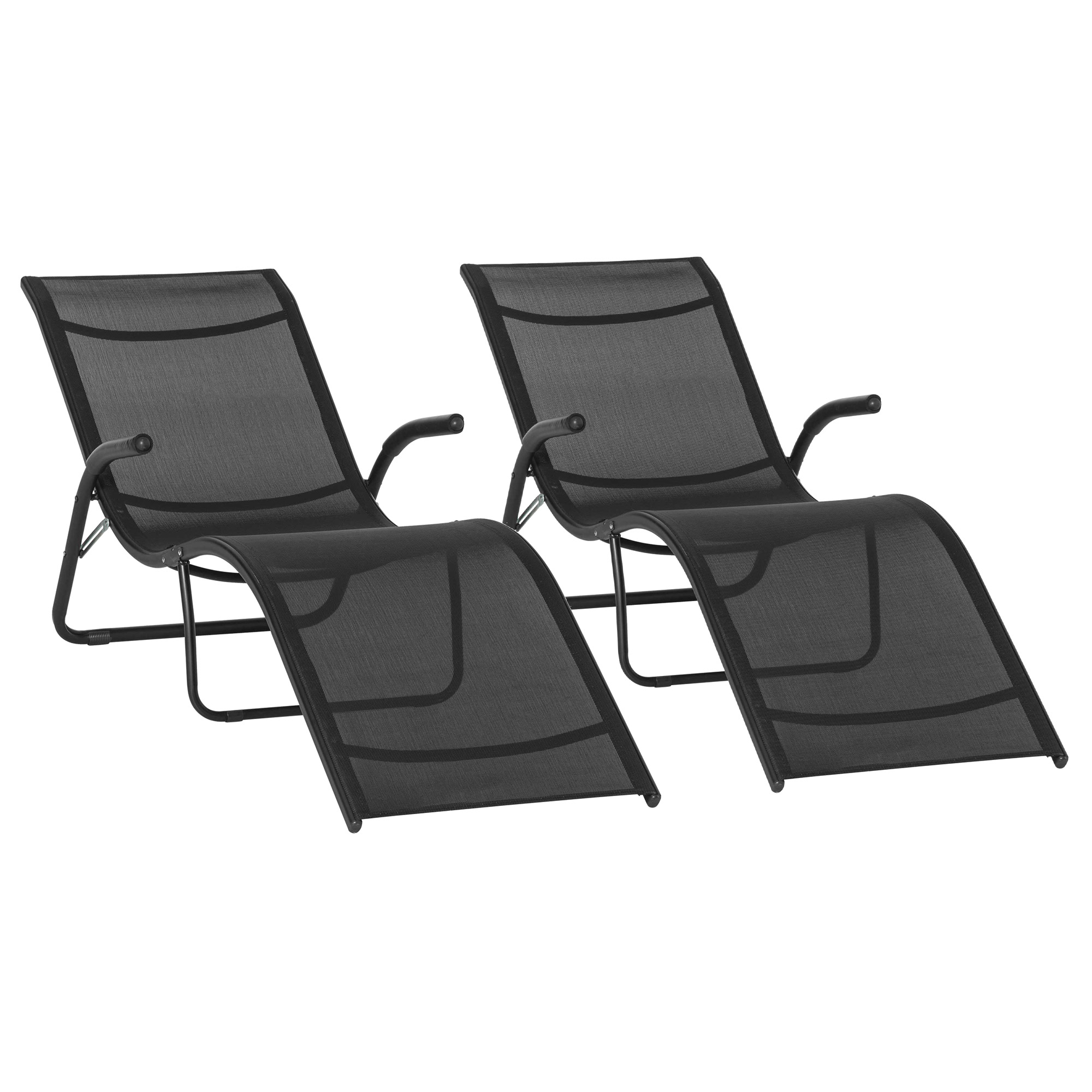 Conjunto de 2 espreguiçadeiras dobráveis Outsunny, espreguiçadeiras de jardim com apoios de braço, apoio para os pés e encosto, capacidade de carga de 160 kg para terraço, praia, camping e uso ao ar livre, 170x62x68 cm, pretas