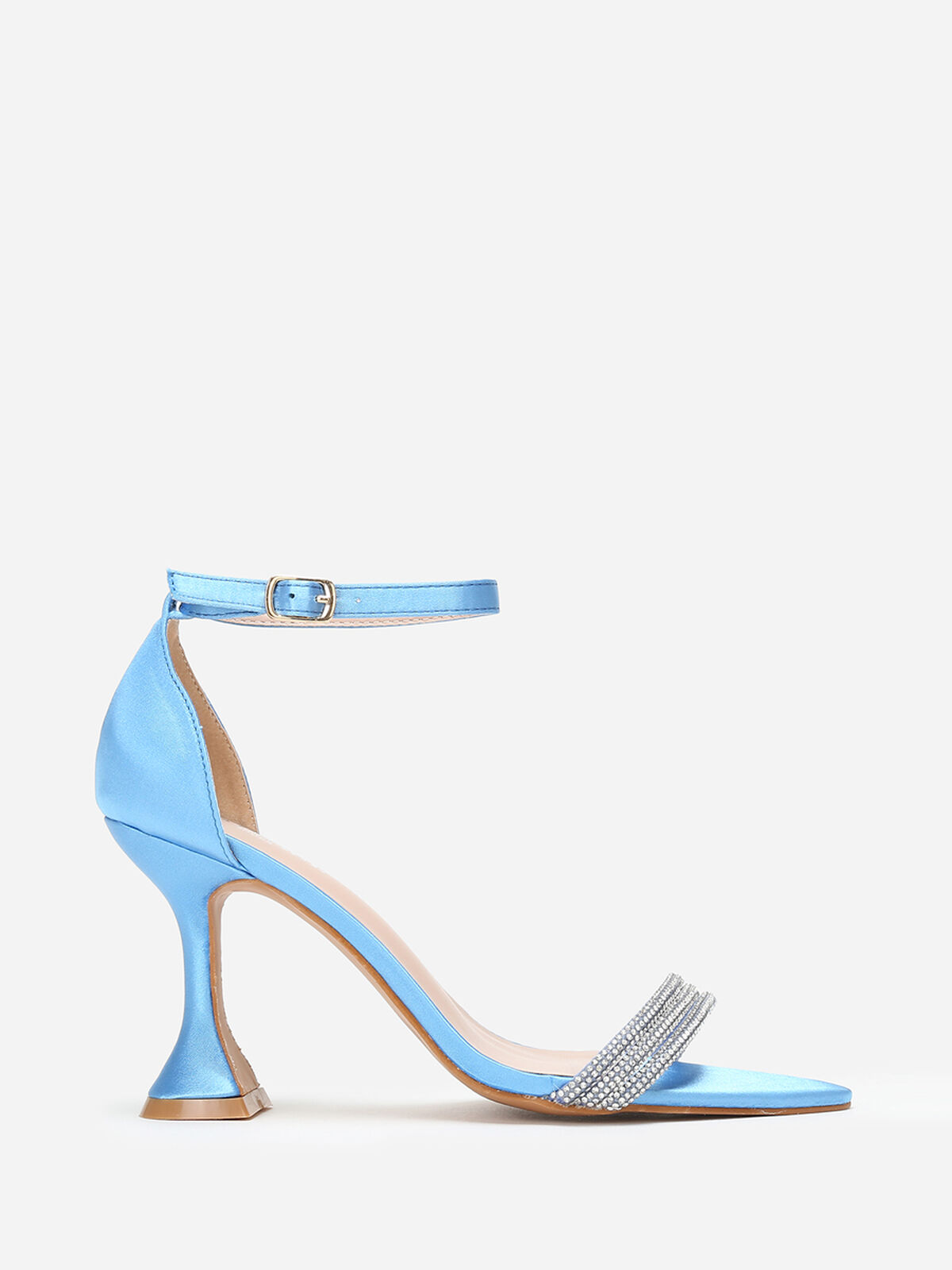 Sandales satinées à strass et talon bobine- Bleu