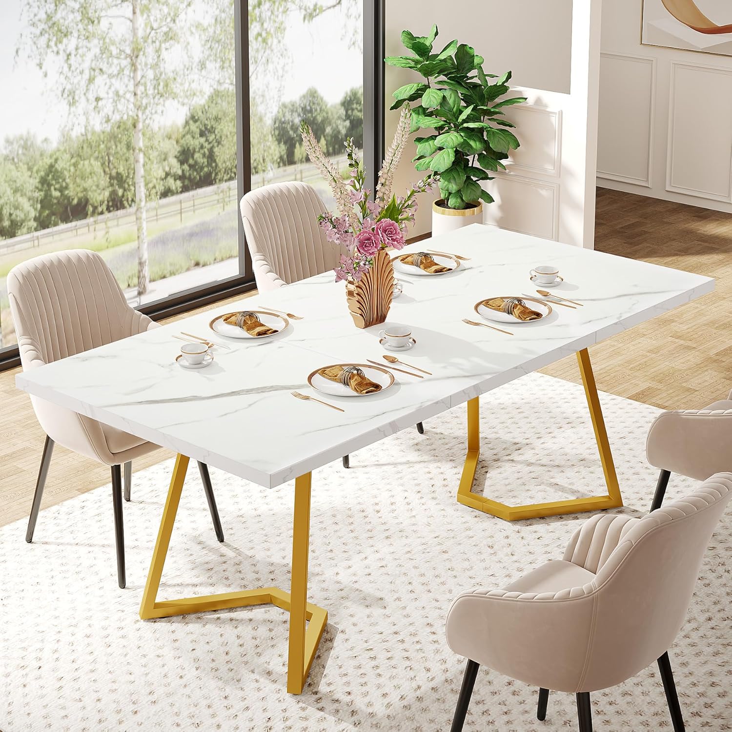 Tribesigns Moderner Goldener Esstisch,140X80 cm weißer Küchentisch mit goldfarbenen Metallbeinen, künstlicher Marmor, Kleiner Esszimmer-Küchentisch für 4-6 Personen, rechteckiger Esstisch für Wohnung HV0886085