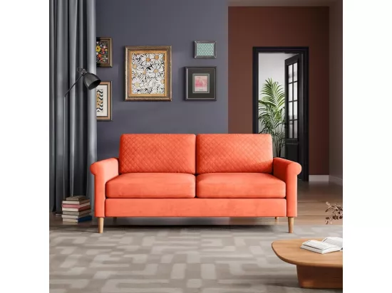 Canapé 2 places confort assise profonde en velours, pieds en bois, 164x76x85cm, Orange