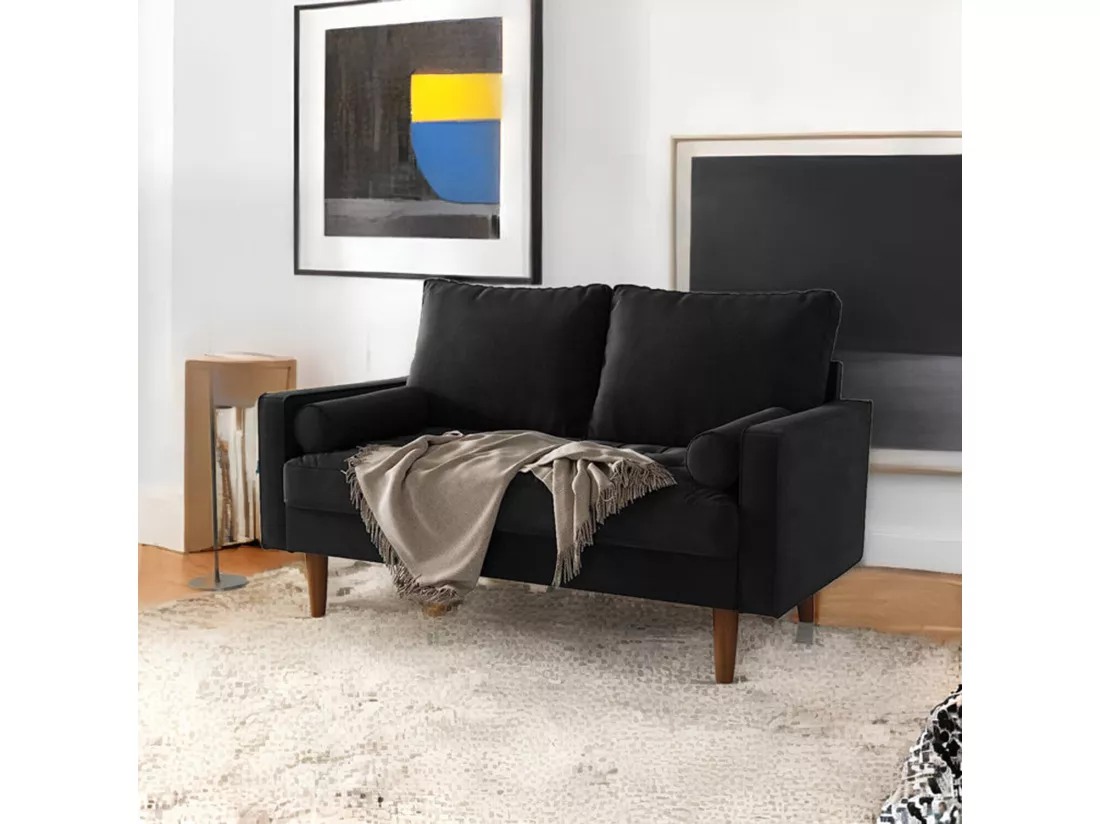 Canapé 2 places - avec 2 coussins - en Velours - Pieds en bois - pour Chambre à Coucher, Salon - 142x76x69cm - Noir