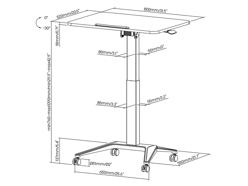 Maclean MC-453 W Mobile Laptop Desk with Pneumatic Height Adjustment, Laptop Table with Wheels, 80 x 52 cm, Max. 8 kg, Height Adjustable Max. 109 cm (White)