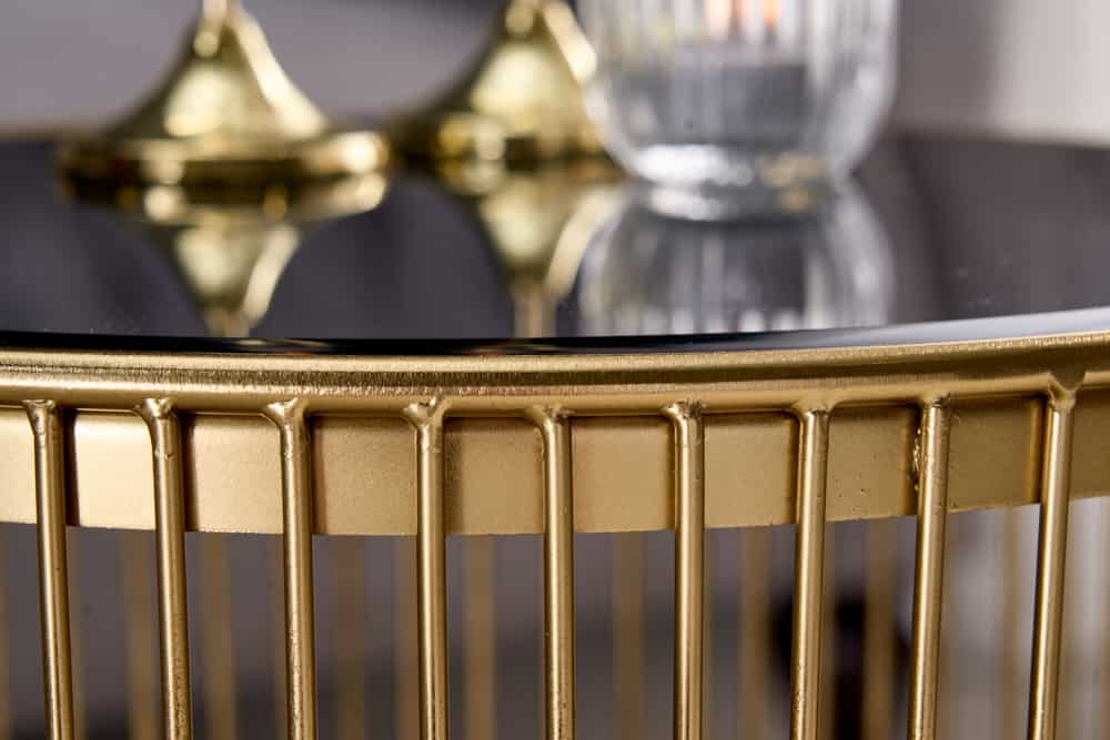 Runder Couchtisch VARIATION 80cm gold Metallgestell Schwarzglas Handarbeit
