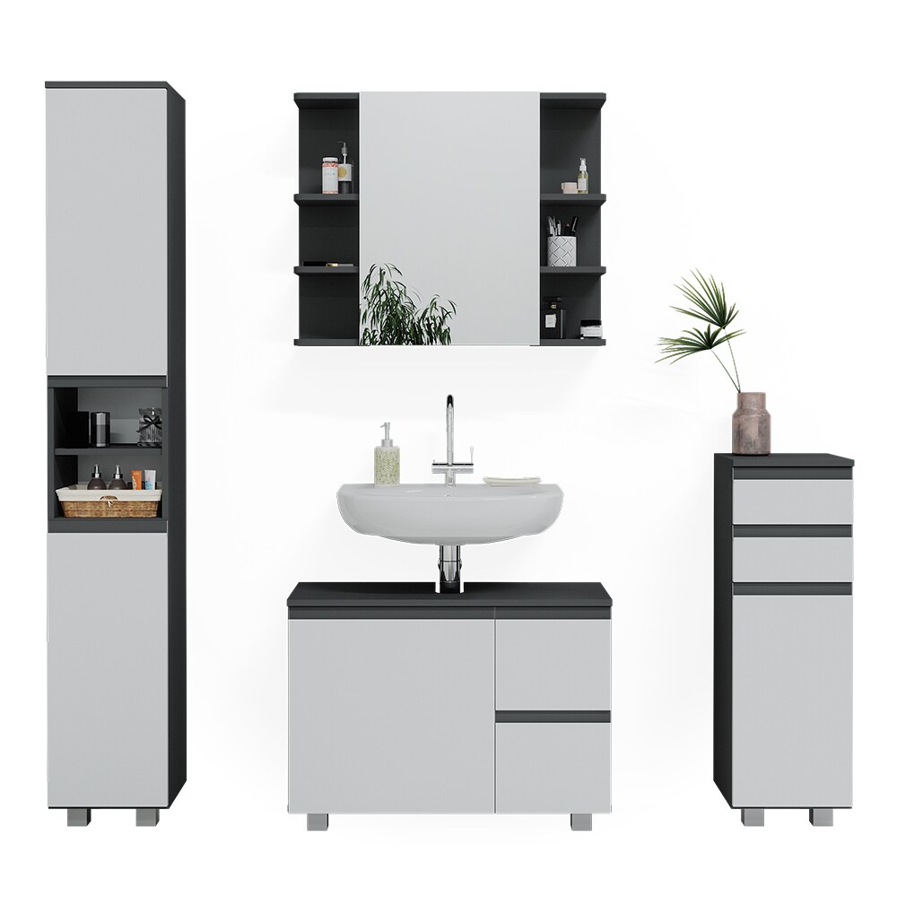 Vicco Badmöbelset J-shape Anthrazit Weiß modern Badezimmer Schrank Badschrank Waschtischunterschrank Spiegelschrank Midischrank Hochschrank Schranktür Schrankschublade Schrankfach Ablage Aufbewahrung