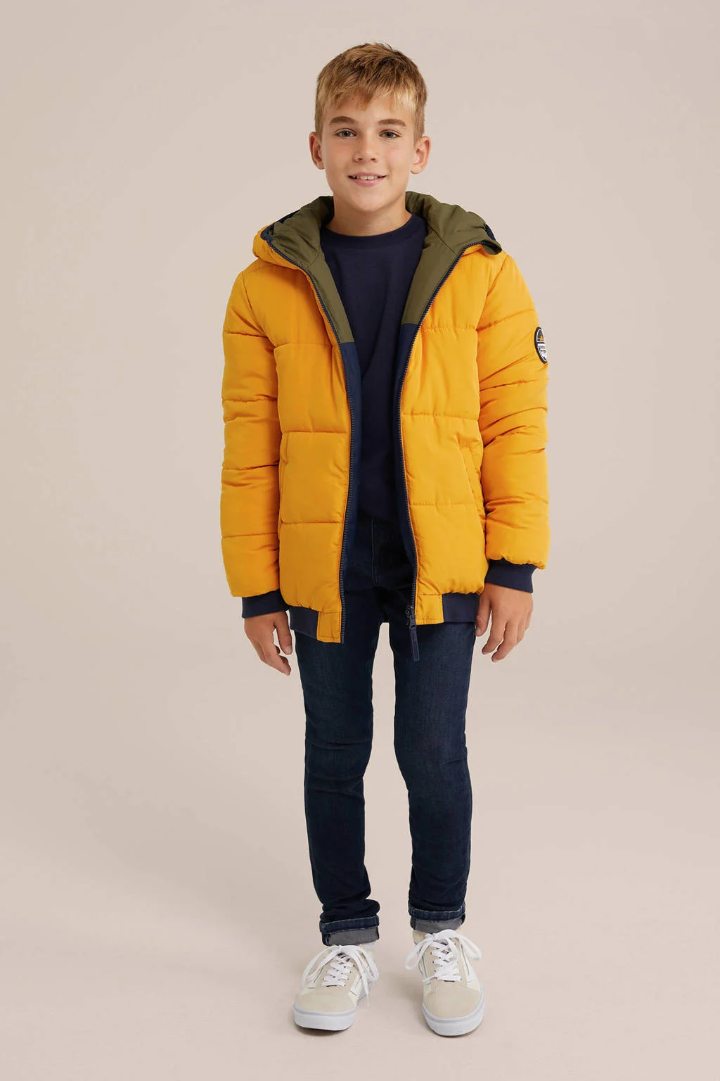 WE Fashion reversible gewatteerde winterjas geel/donkerblauw/olijfgroen