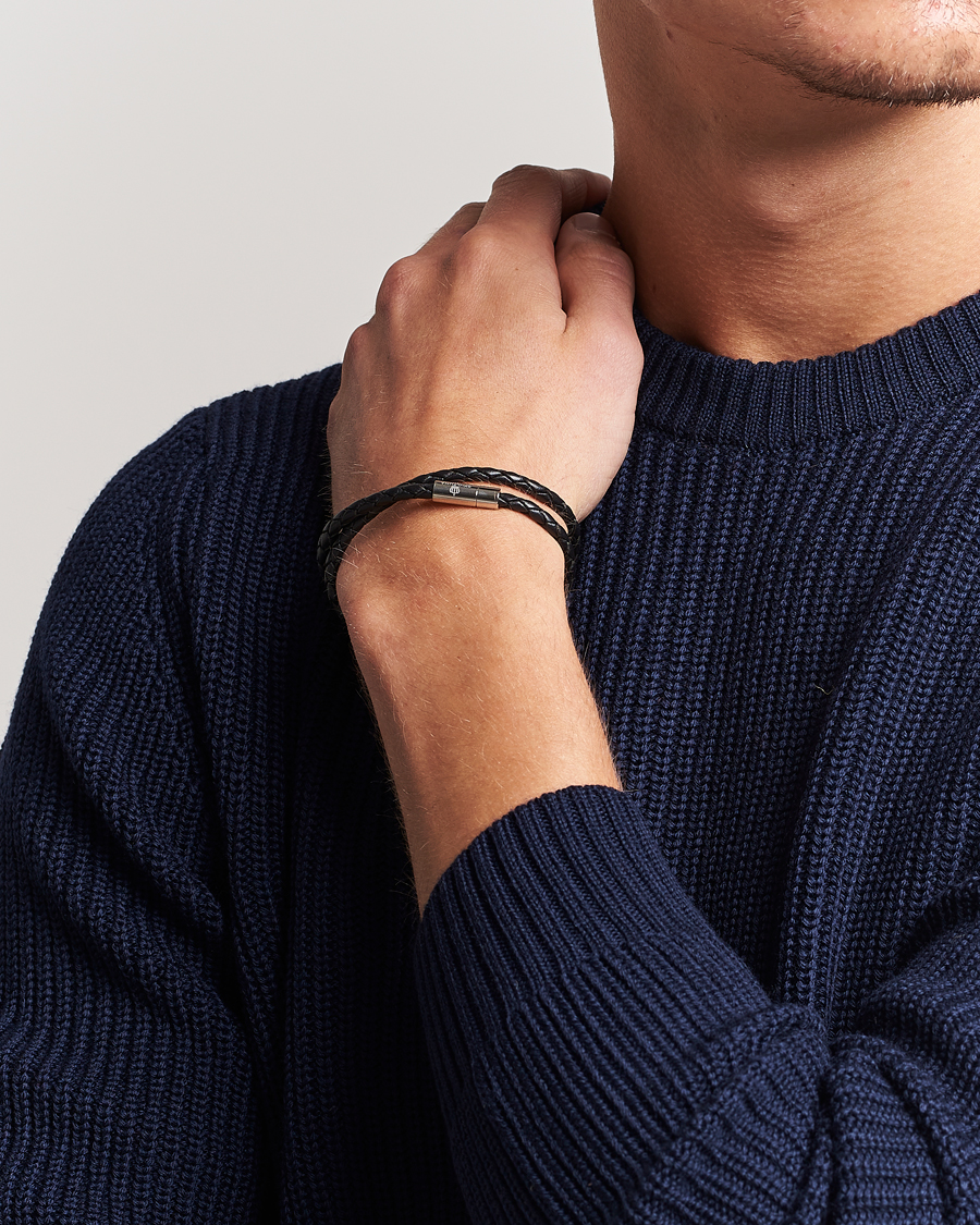 Skultuna Two Row Leather Bracelet Black Steel