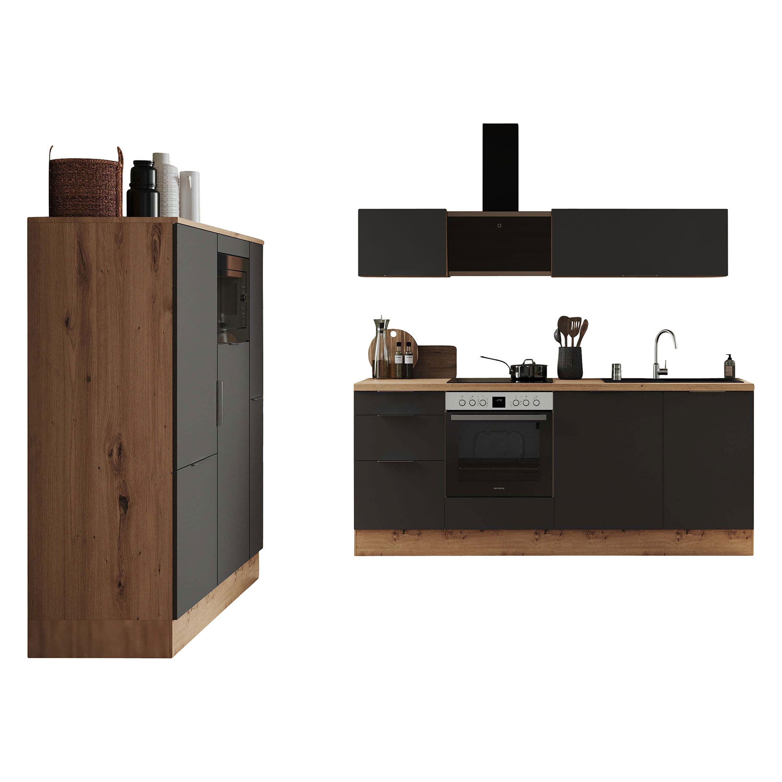 RESPEKTA Küchenblock - grau matt - Artisan Eiche - mit E-Geräten - 370 cm