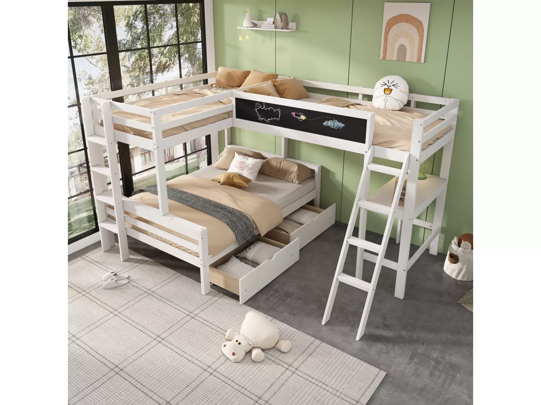 Lits Superposés Pour 3 Enfants, 2x90x200cm et 140x200cm, avec tiroirs de rangement, Blanc