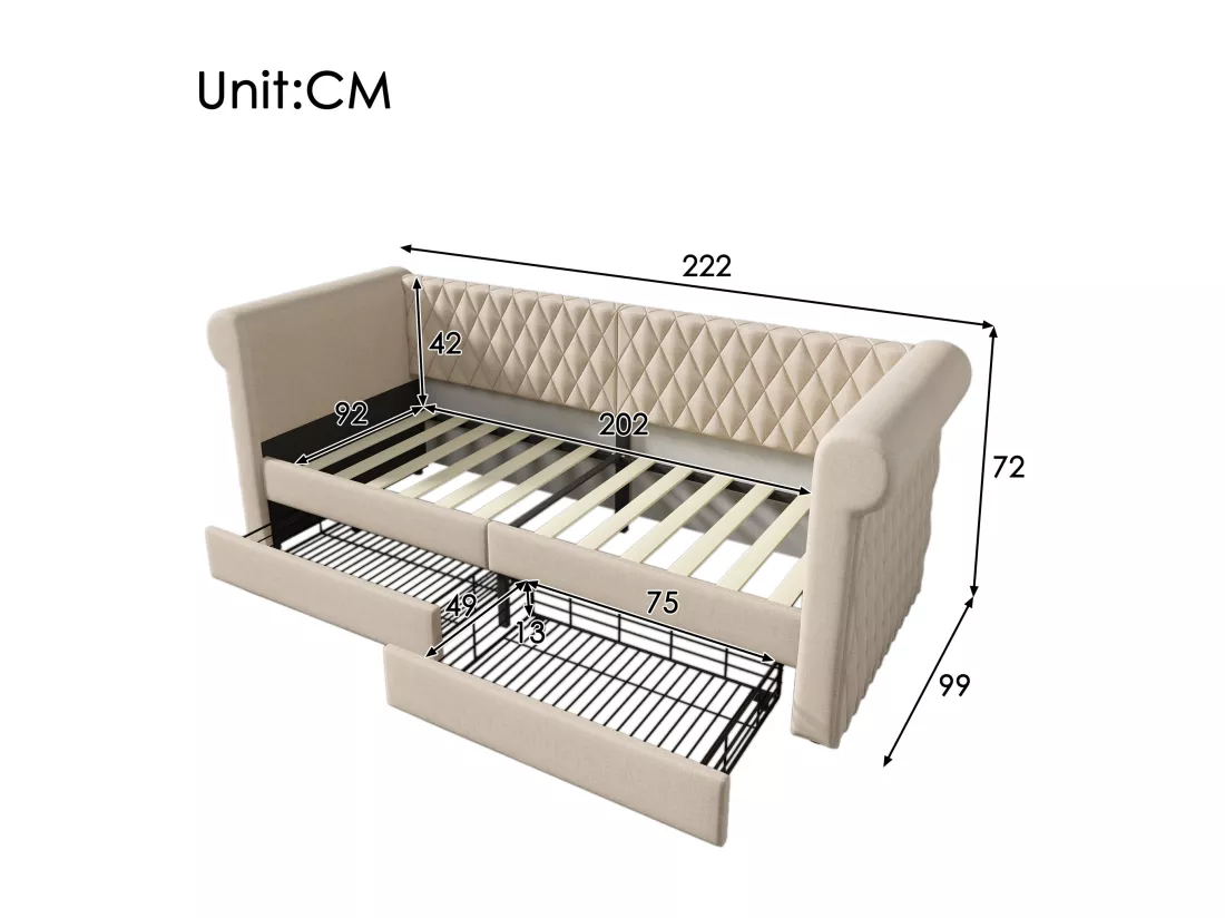 Lit banquette avec 2 tiroirs en tissu lin - 90x200cm - avec sommier à lattes - Beige