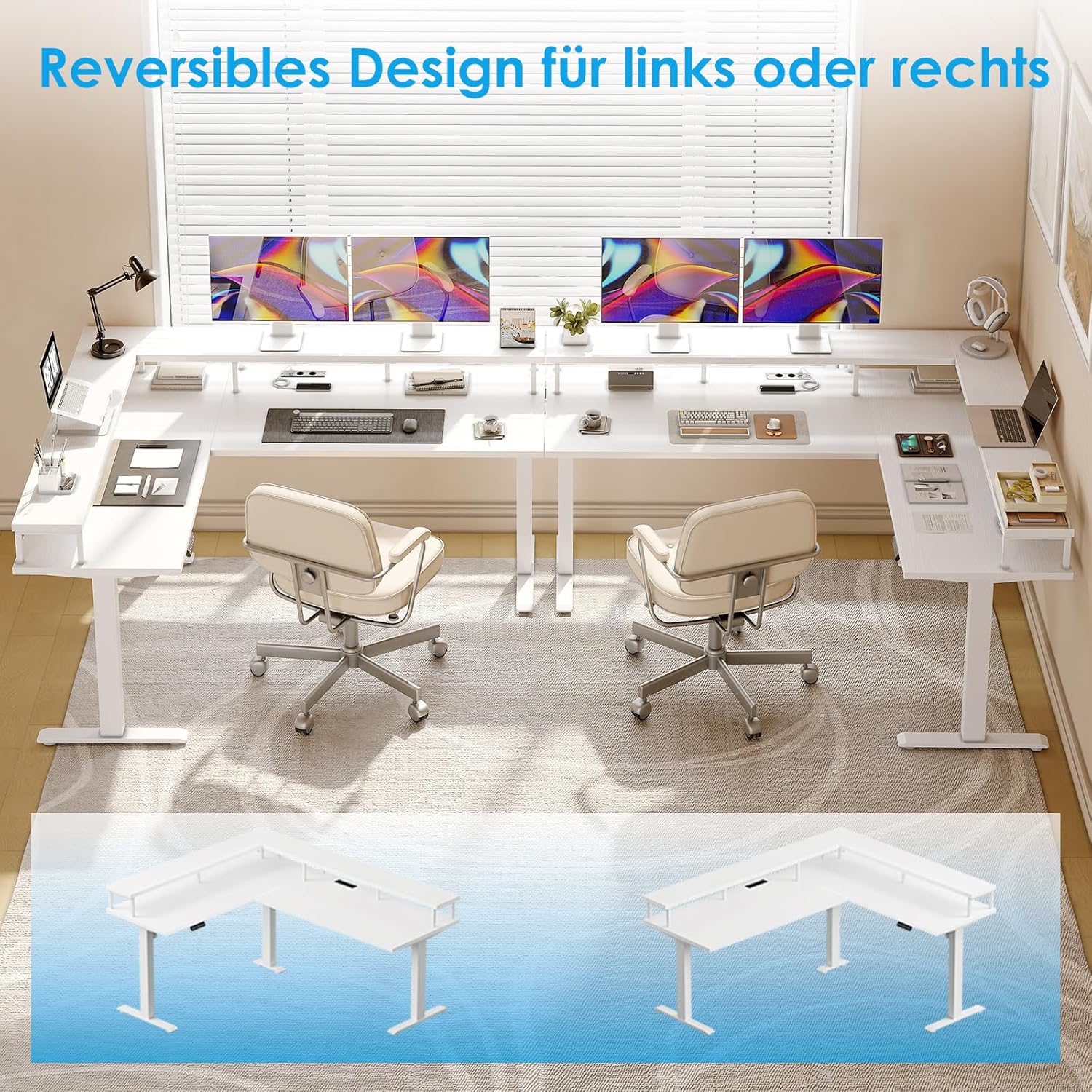 OffiGo Eckschreibtisch Höhenverstellbar, 150x120cm Schreibtisch Höhenverstellbar mit Steckdose, Elektrischer Schreibtisch L Form mit Monitorständer, Weiß