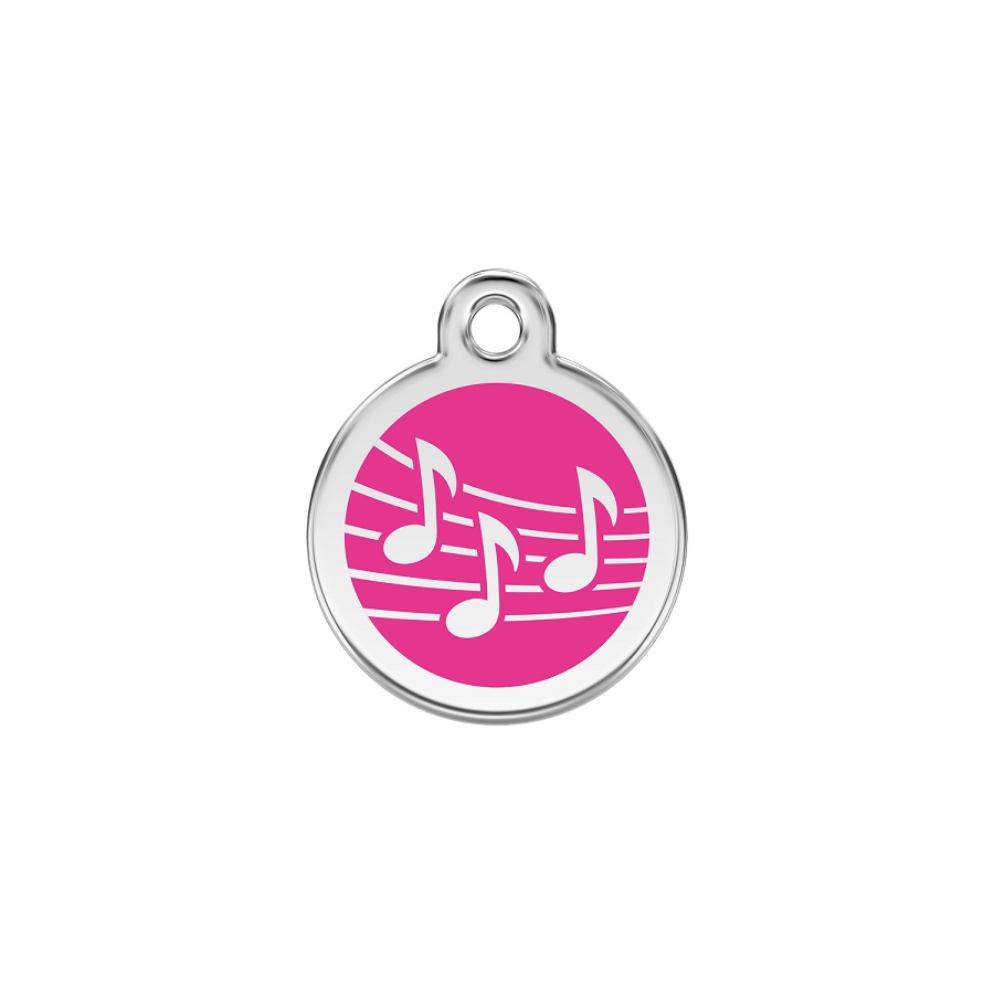 Placa de identificação para cães em aço inoxidável esmaltado com estampa musical rosa vibrante.