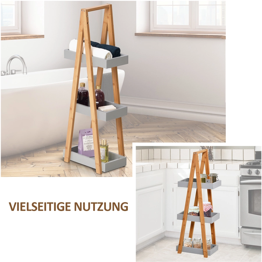 kleankin Badregal mit 3 Staufächer Bambus, grau