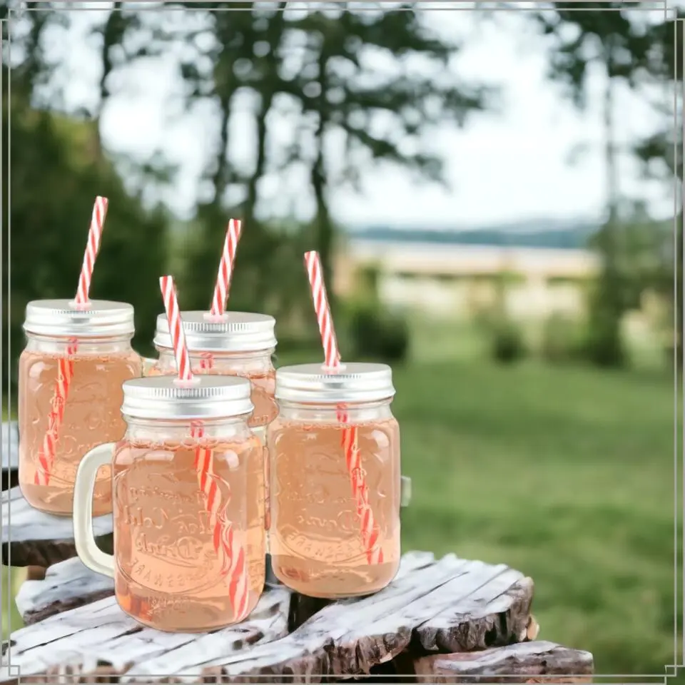 OTIX Mason jar Drinkbeker met Rietje Set van 4 Zilvere dop 450 ml