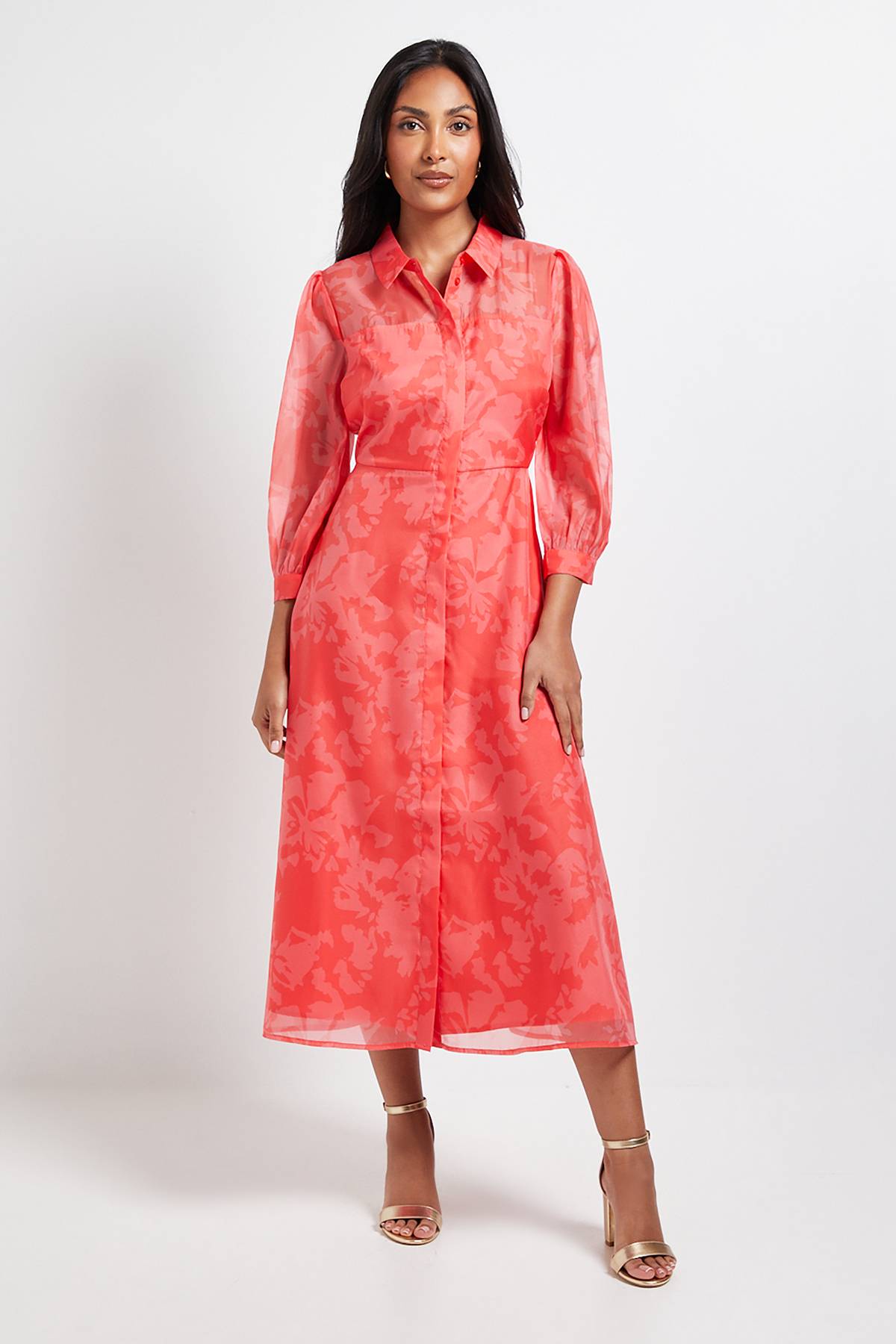 Wallis Robe Mi-Longue Boutonnée en Organza Fleuri Petite Taille
