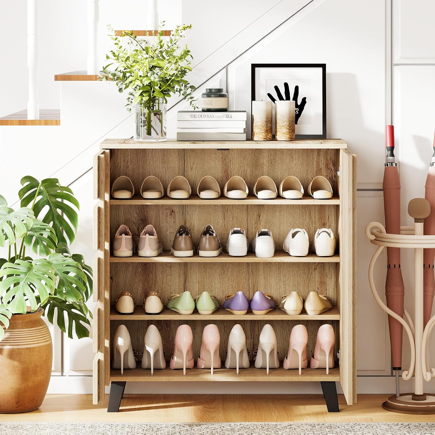 COSTWAY Meuble a Chaussure à 4 Niveaux, 3 Étagères Amovibles et Portes, Meuble Chaussure Entree 16 Paires, Pieds Surélevés, Dispositif Anti-Basculement, Meuble de Rangement pour Entrée Salon, Naturel II8340796