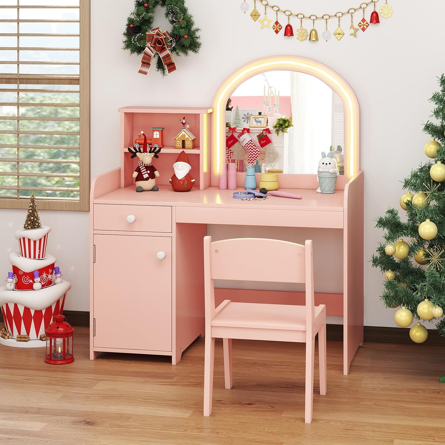 COSTWAY 2 in 1 Kinder Schminktisch Set, Frisertisch mit Hocker, LED-Leuchten, Spiegel, Schrank & Schublade, Kosmetiktisch Schminkkommde mädchen aus Holz für Kinder ab 3 Jahren (Hellrosa)