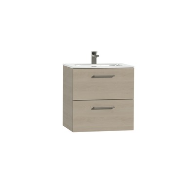 Tiger Studio badkamermeubel 60 cm naturel eiken met wastafel polybeton hoogglans wit greep rvs rechthoekig