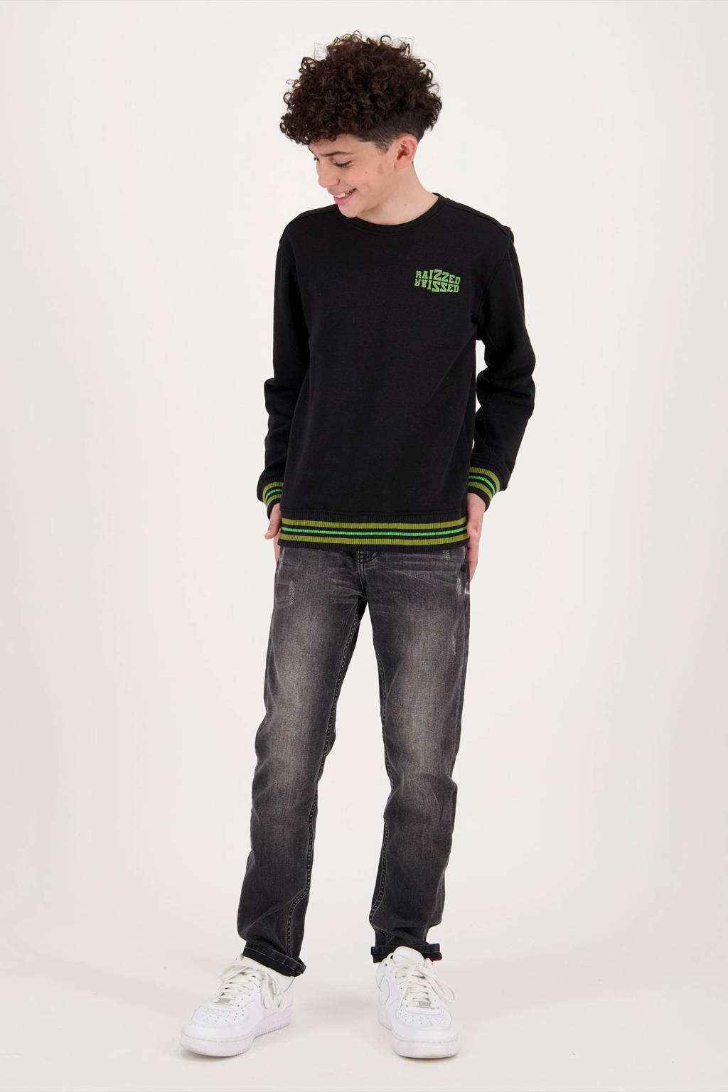 Raizzed sweater Rewin met tekst zwart/groen/geel