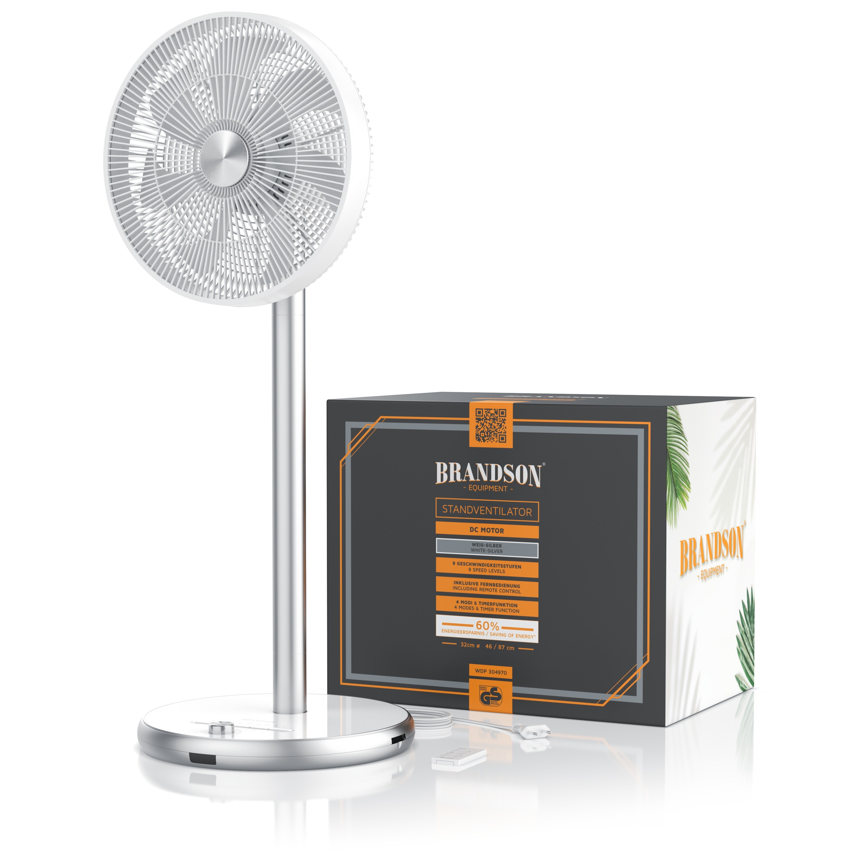 Brandson - Standventilator mit DC Motor - ECO Energiesparend - 9 Geschwindigkeiten - Ventilator mit Fernbedienung - Timer - 100° Oszillation - LED