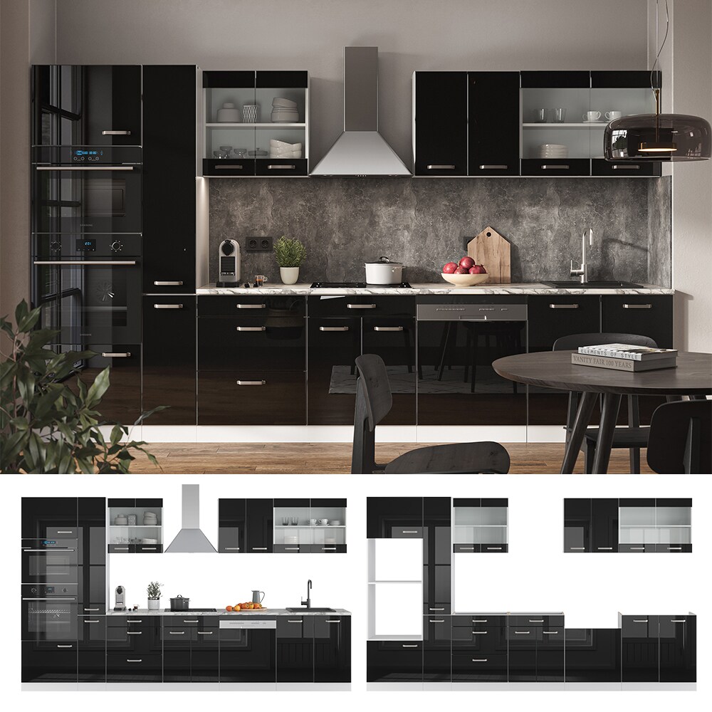 Vicco Küchenzeile R-Line Solid Weiß Schwarz 350 cm Arbeitsplatte modern Küchenschränke Küchenmöbel
