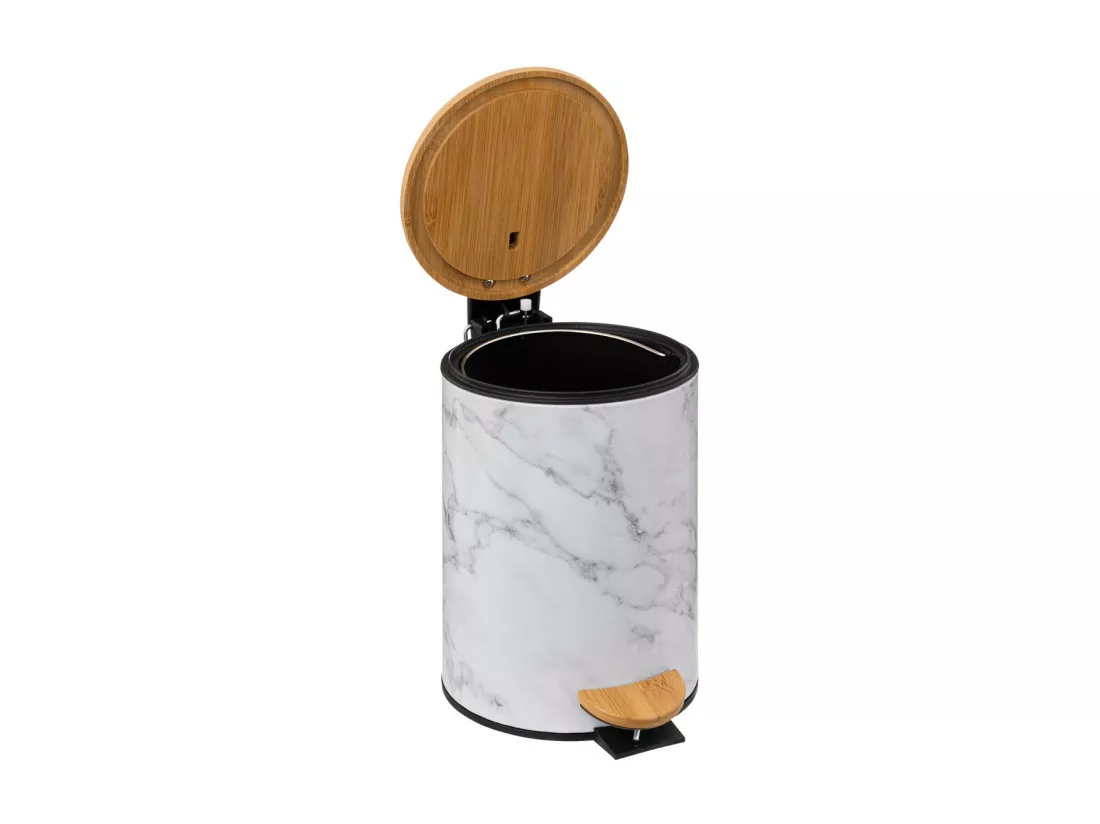 Poubelle en métal Blanc marbré et couvercle en bambou 3 L