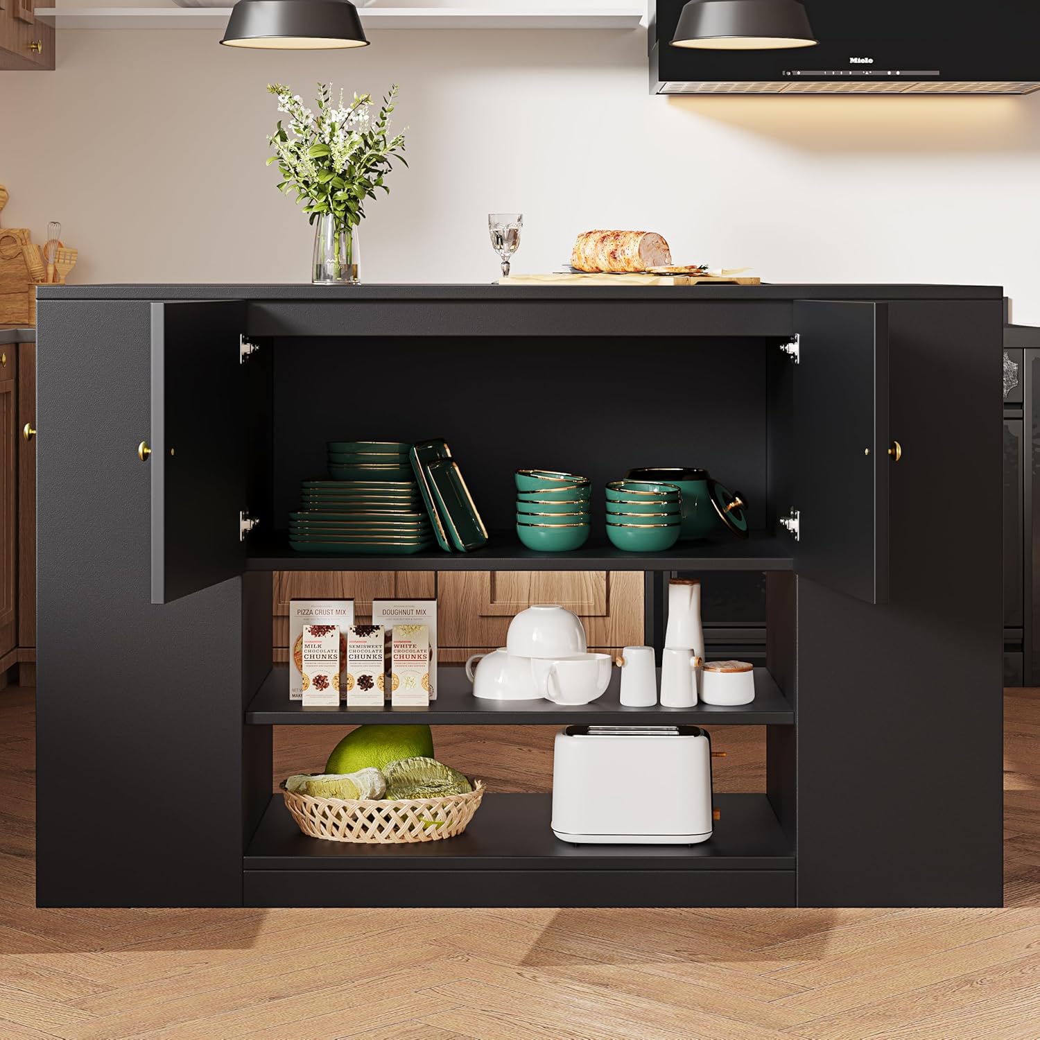 Küchenzeile mit Esstisch-Funktion, Moderne Insel mit Schubladen und Aufbewahrung, Klappbarer Küchenschrank für kleine Küchen, 140x40x90 cm,Schwarz