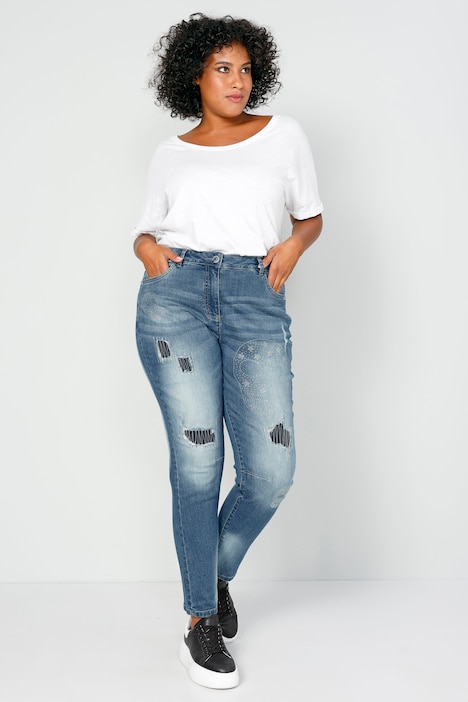 Boyfriend-Jeans, Glitzer Totenköpfe, Destroy-Effekte, 5-Pocket